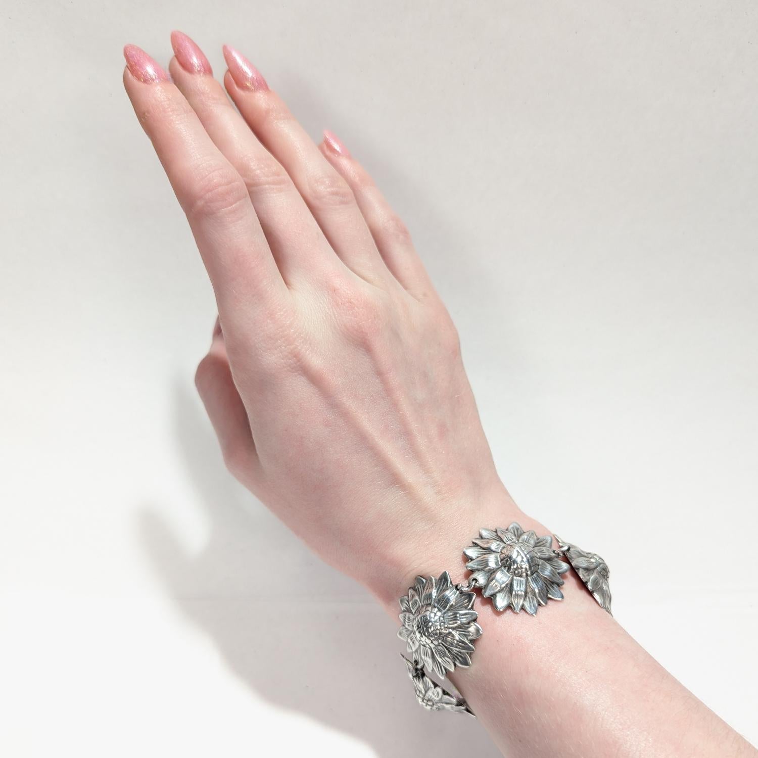 Los Castillos Mexican Mid-Century Taxco Sterling Silver Sunflowers Link Bracelet 10