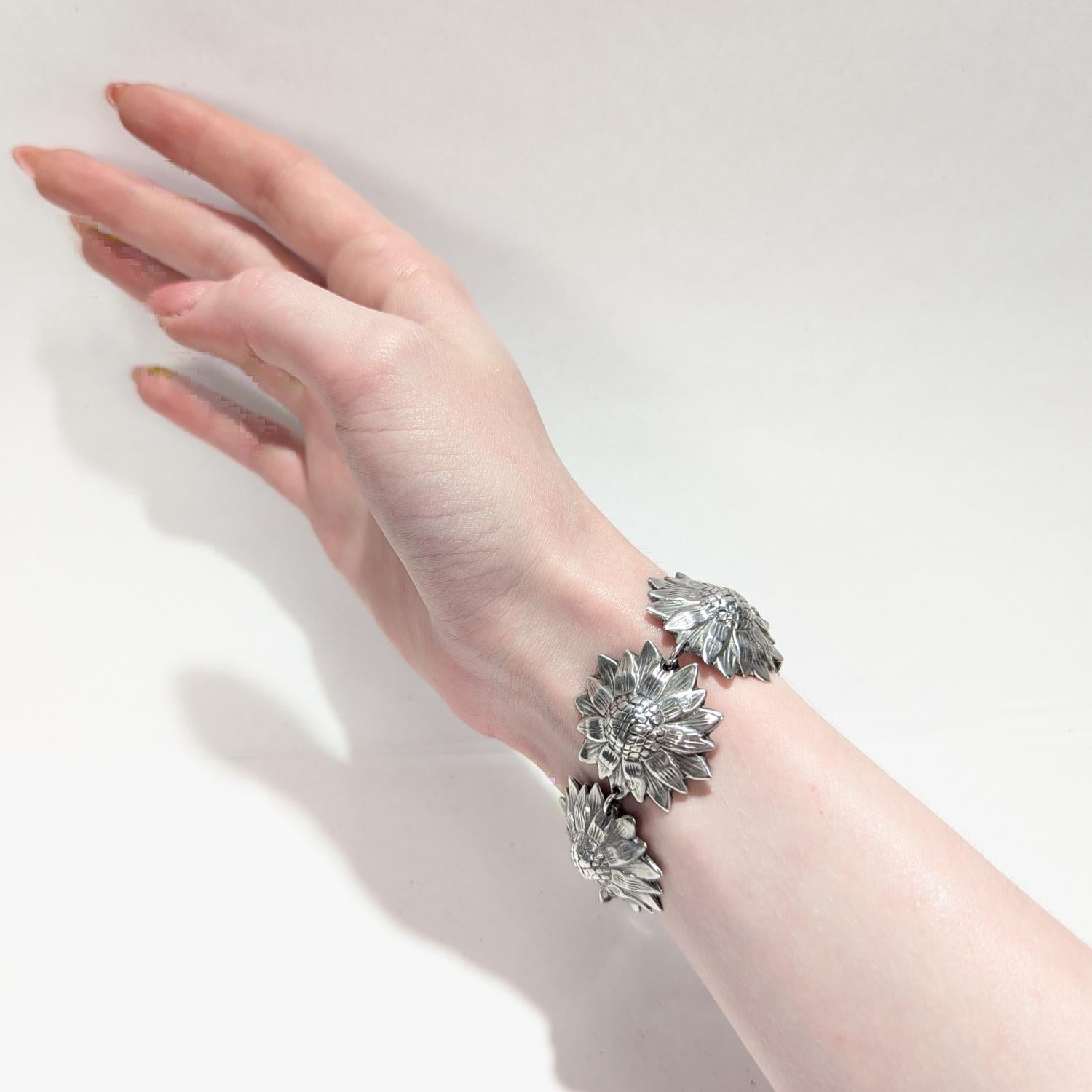 Los Castillos Mexican Mid-Century Taxco Sterling Silver Sunflowers Link Bracelet 11