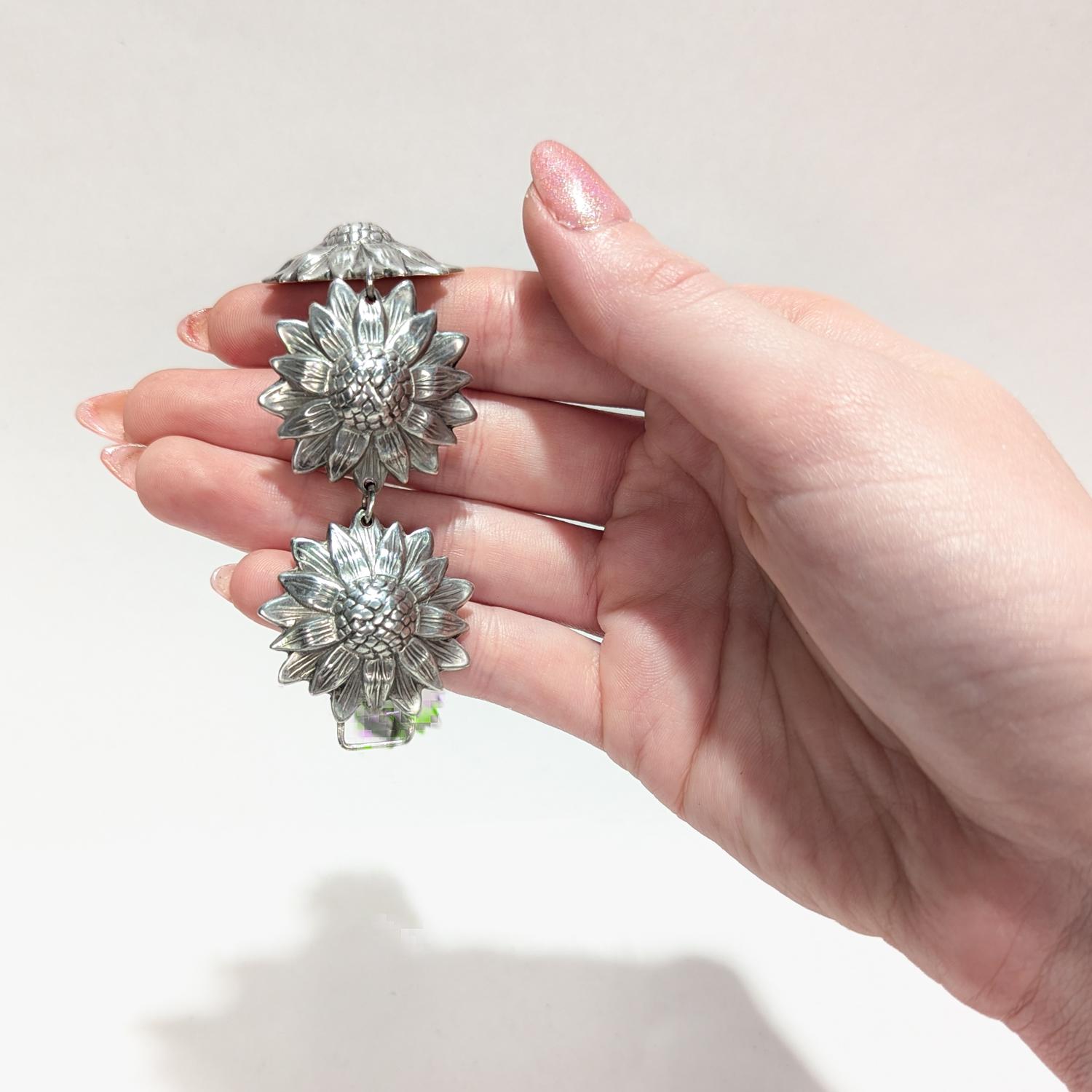 Los Castillos Mexican Mid-Century Taxco Sterling Silver Sunflowers Link Bracelet 12