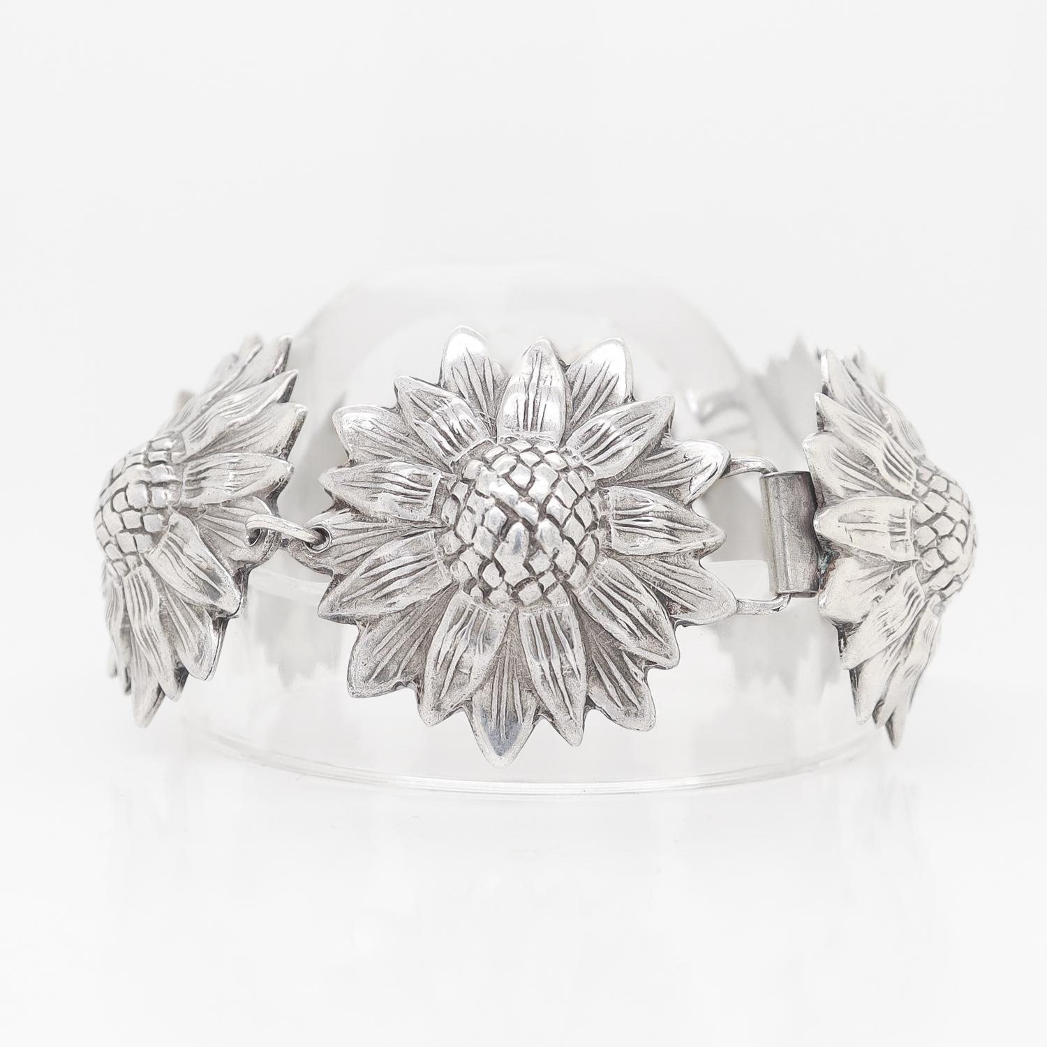 Women's Los Castillos Mexican Mid-Century Taxco Sterling Silver Sunflowers Link Bracelet