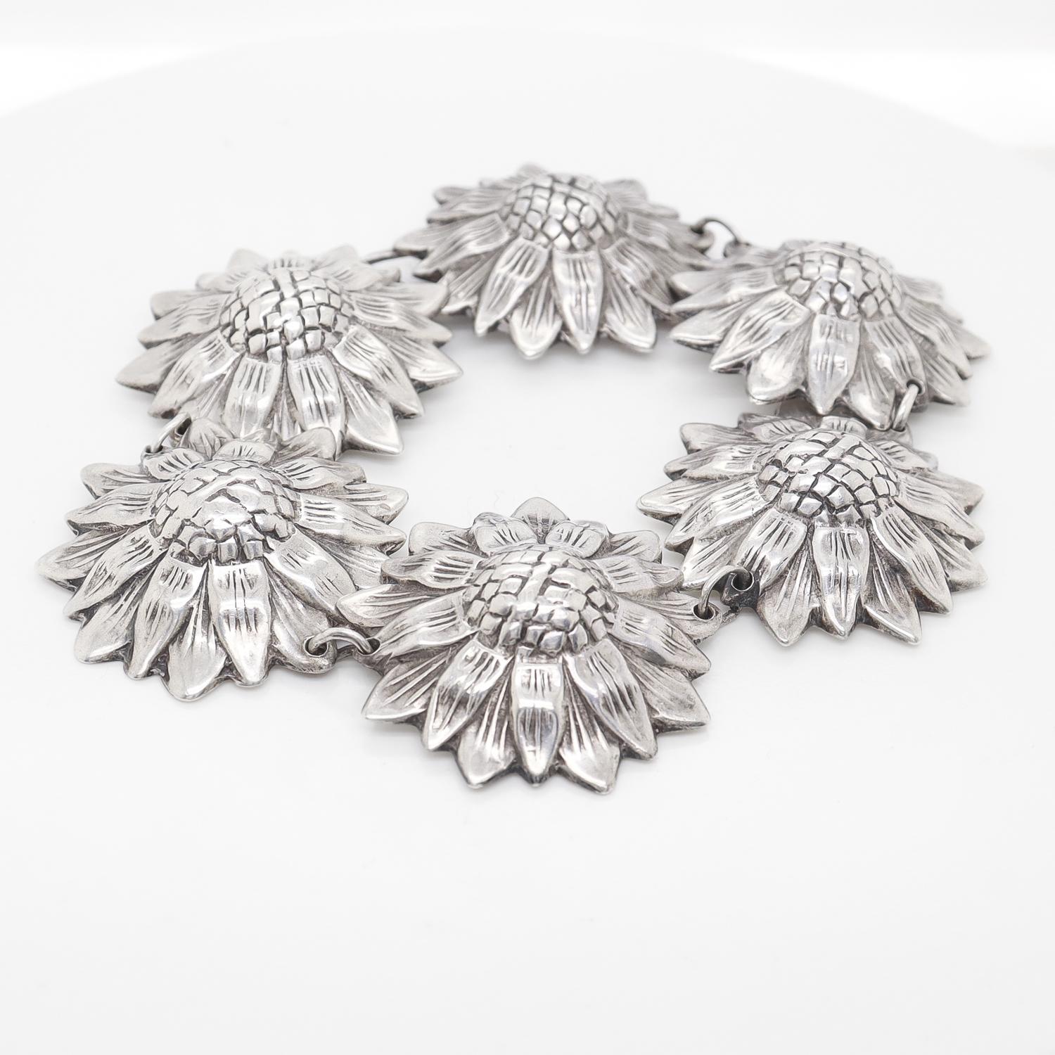 Los Castillos Mexican Mid-Century Taxco Sterling Silver Sunflowers Link Bracelet 1