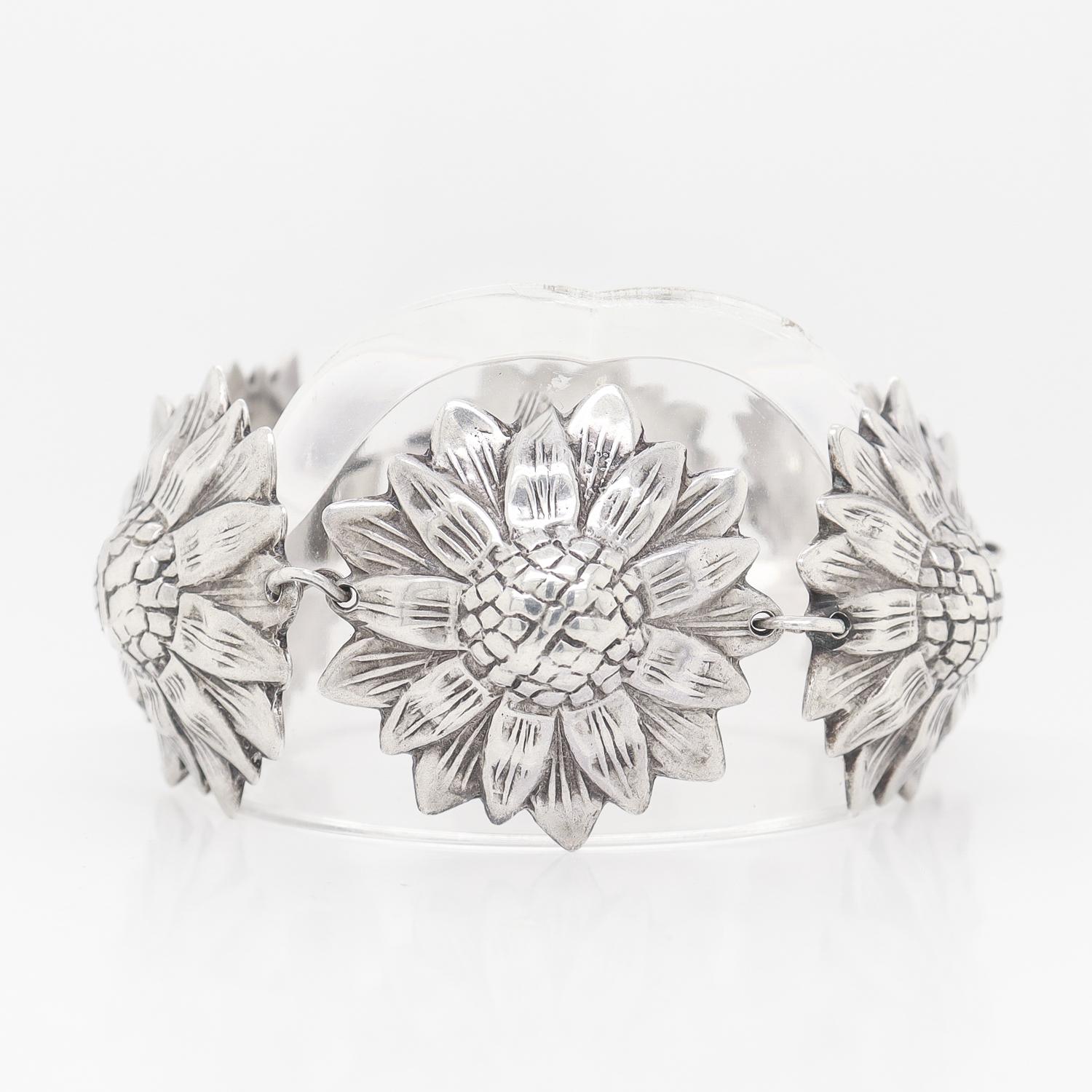 Los Castillos Mexican Mid-Century Taxco Sterling Silver Sunflowers Link Bracelet 2