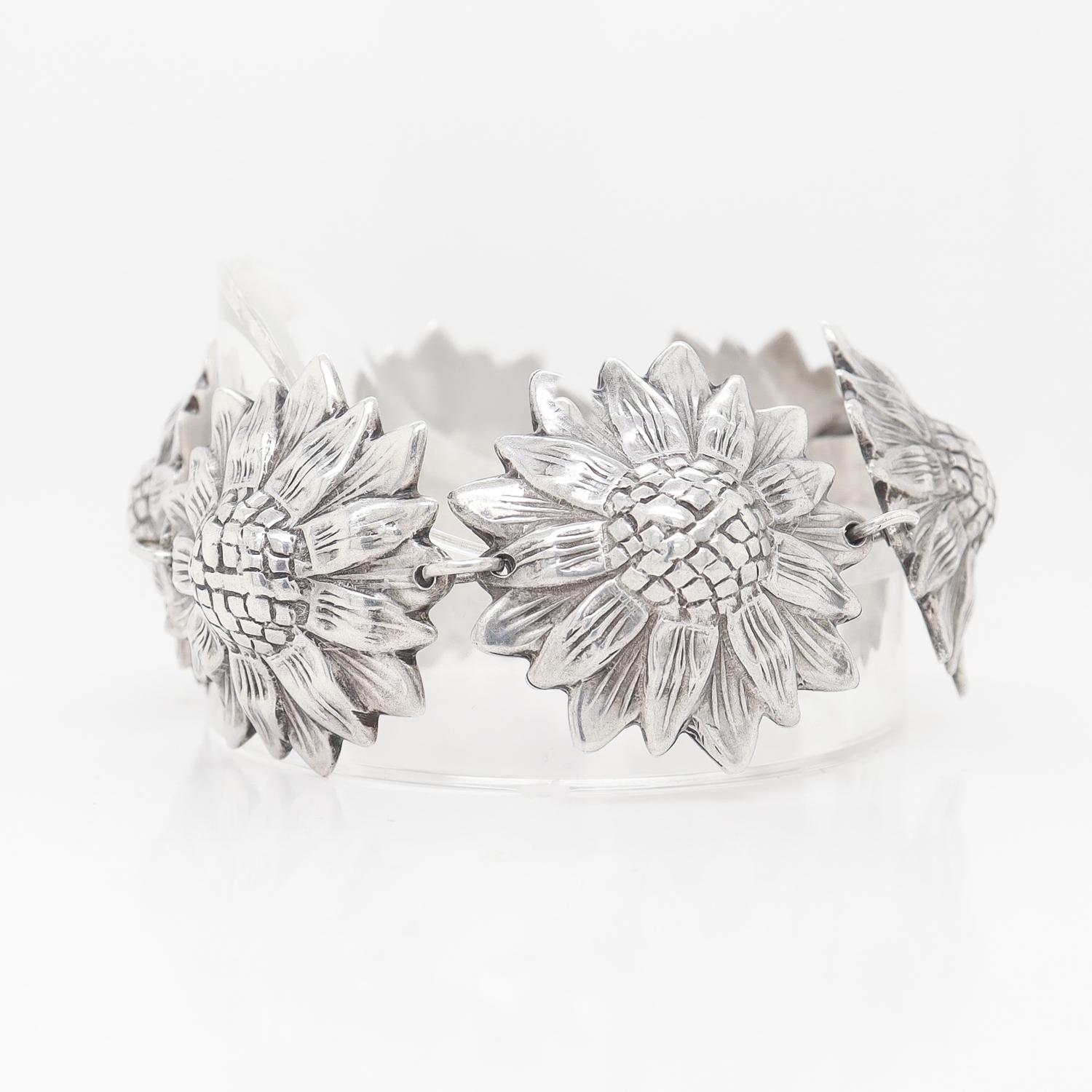 Los Castillos Mexican Mid-Century Taxco Sterling Silver Sunflowers Link Bracelet 3