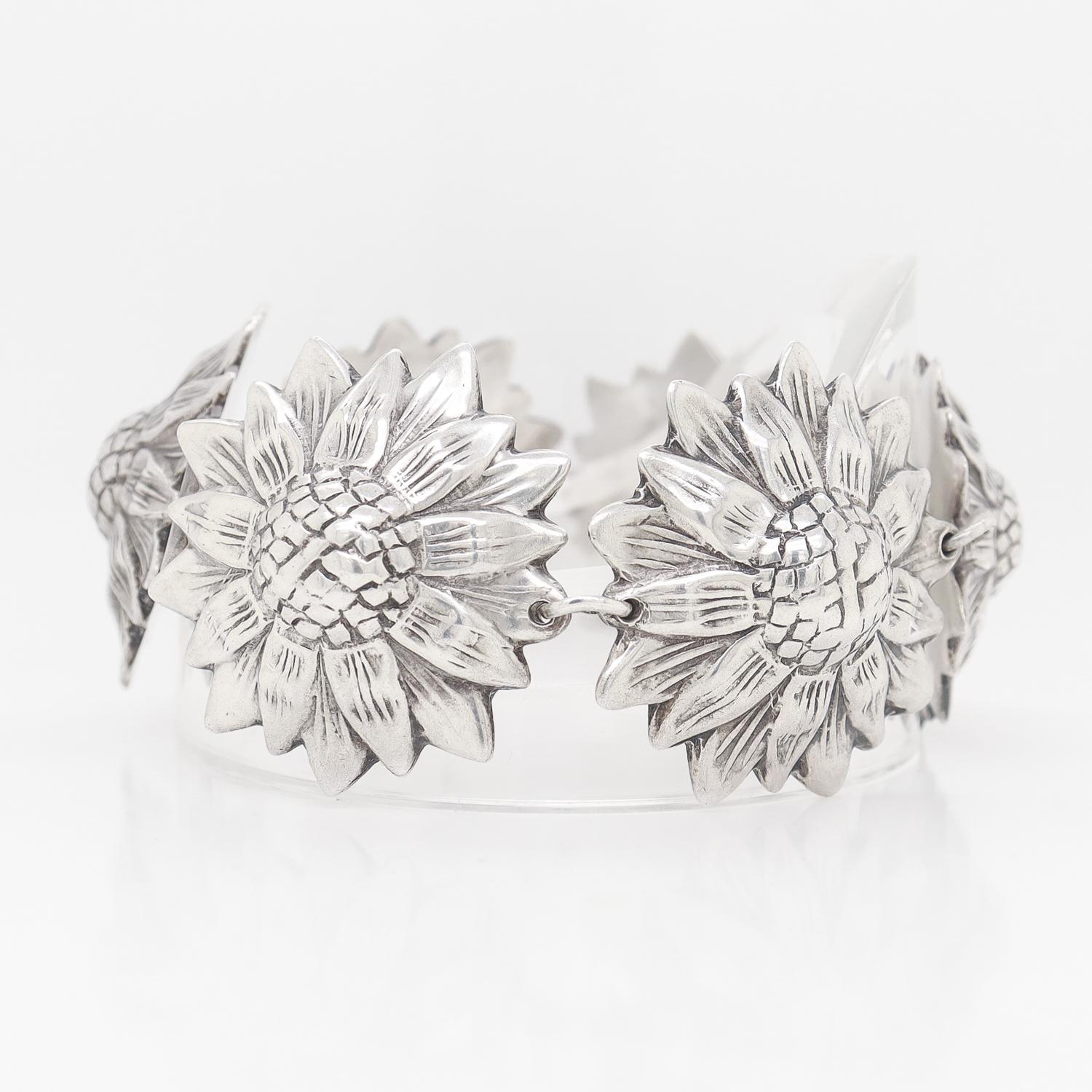Los Castillos Mexican Mid-Century Taxco Sterling Silver Sunflowers Link Bracelet 4