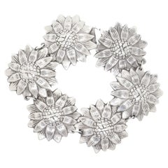 Los Castillos Mexican Mid-Century Taxco Sterling Silver Sunflowers Link Bracelet
