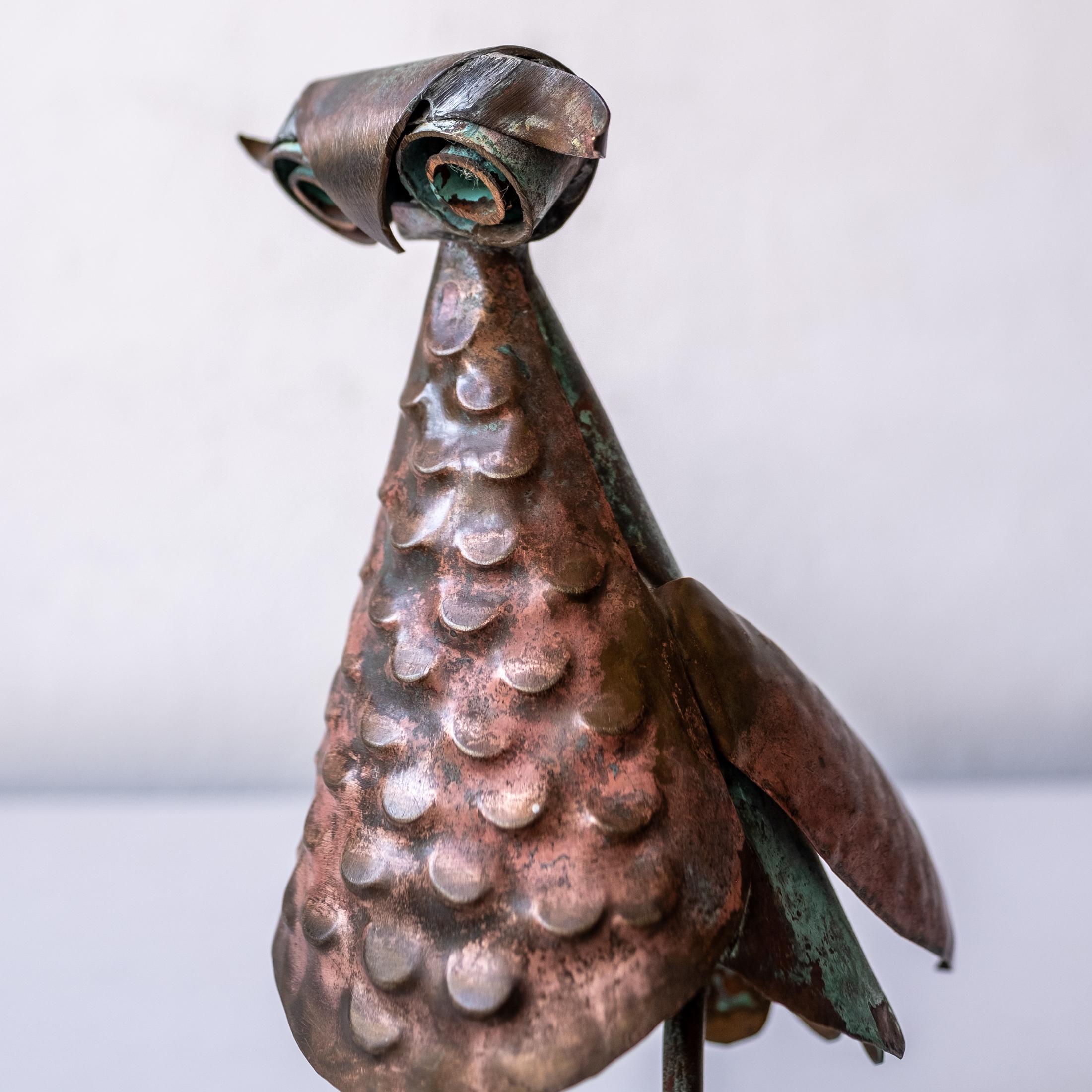 Antonio Castillo Mexican Modernist hand hammered and oxidized copper owl sculpture. A similar work by Antonio is pictured on the cover of 1966 issue of Artes de Mexico. The magazine is included with the sculpture.

Antonio was one of William
