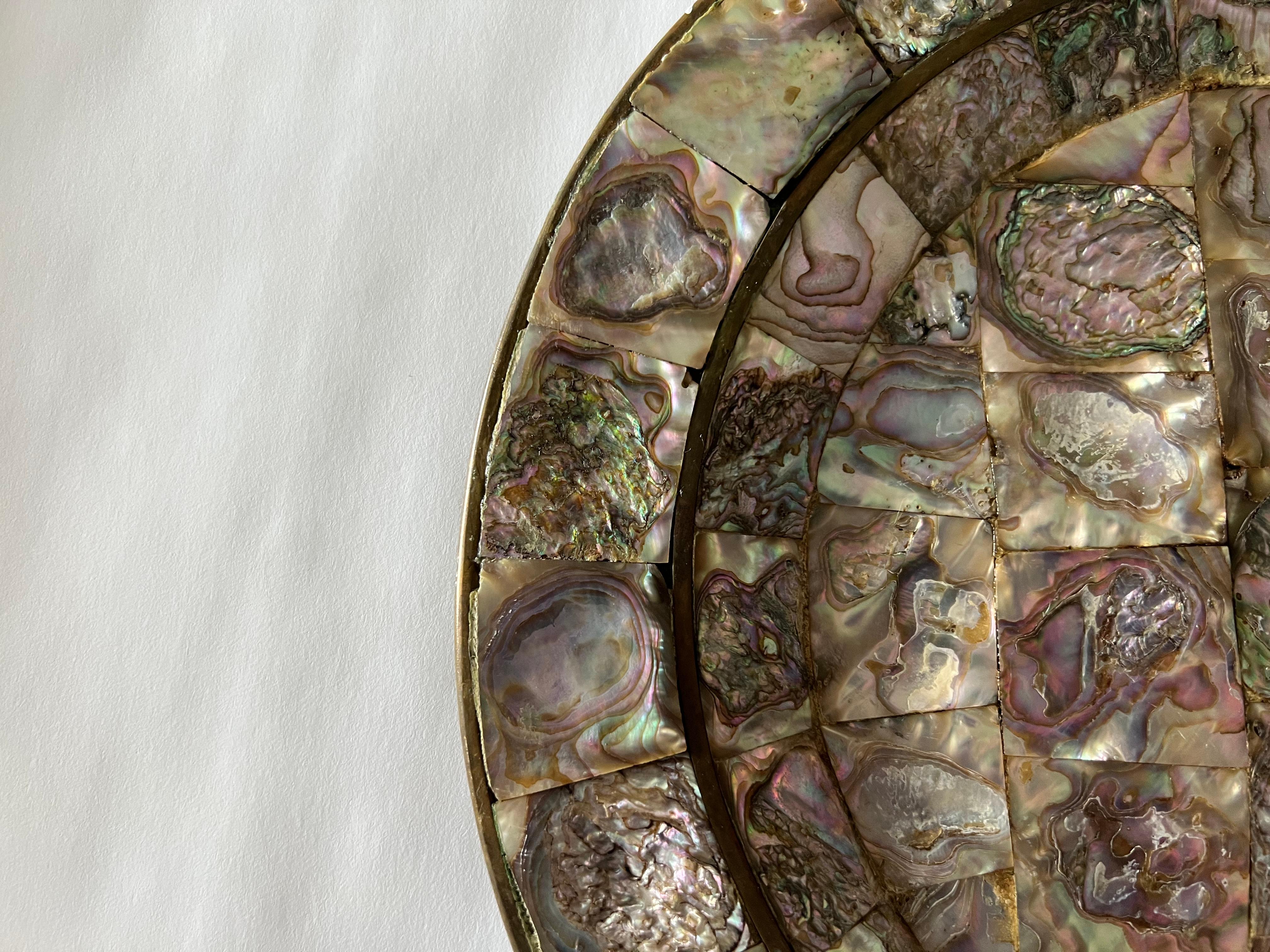 Mexican Los Castillos Style Mosaic of Abalone Shells on Copper Platter, 1950s, Mexico For Sale