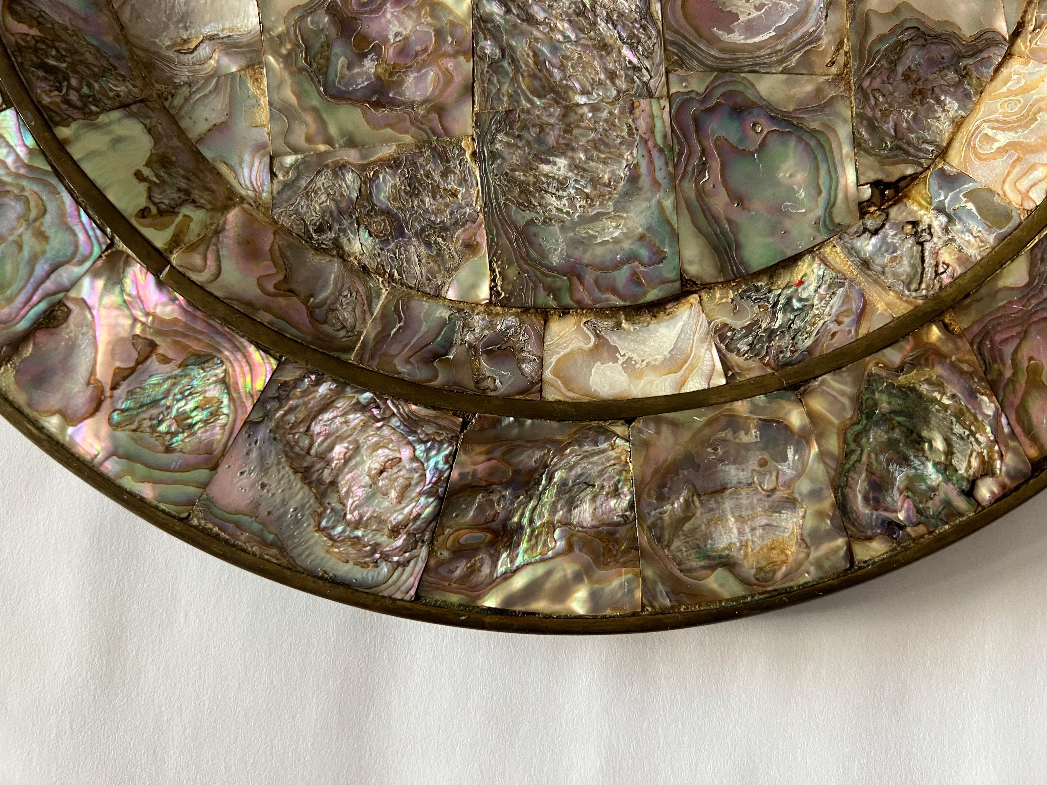 Los Castillos Style Mosaic of Abalone Shells on Copper Platter, 1950s, Mexico In Good Condition For Sale In Kensington, MD