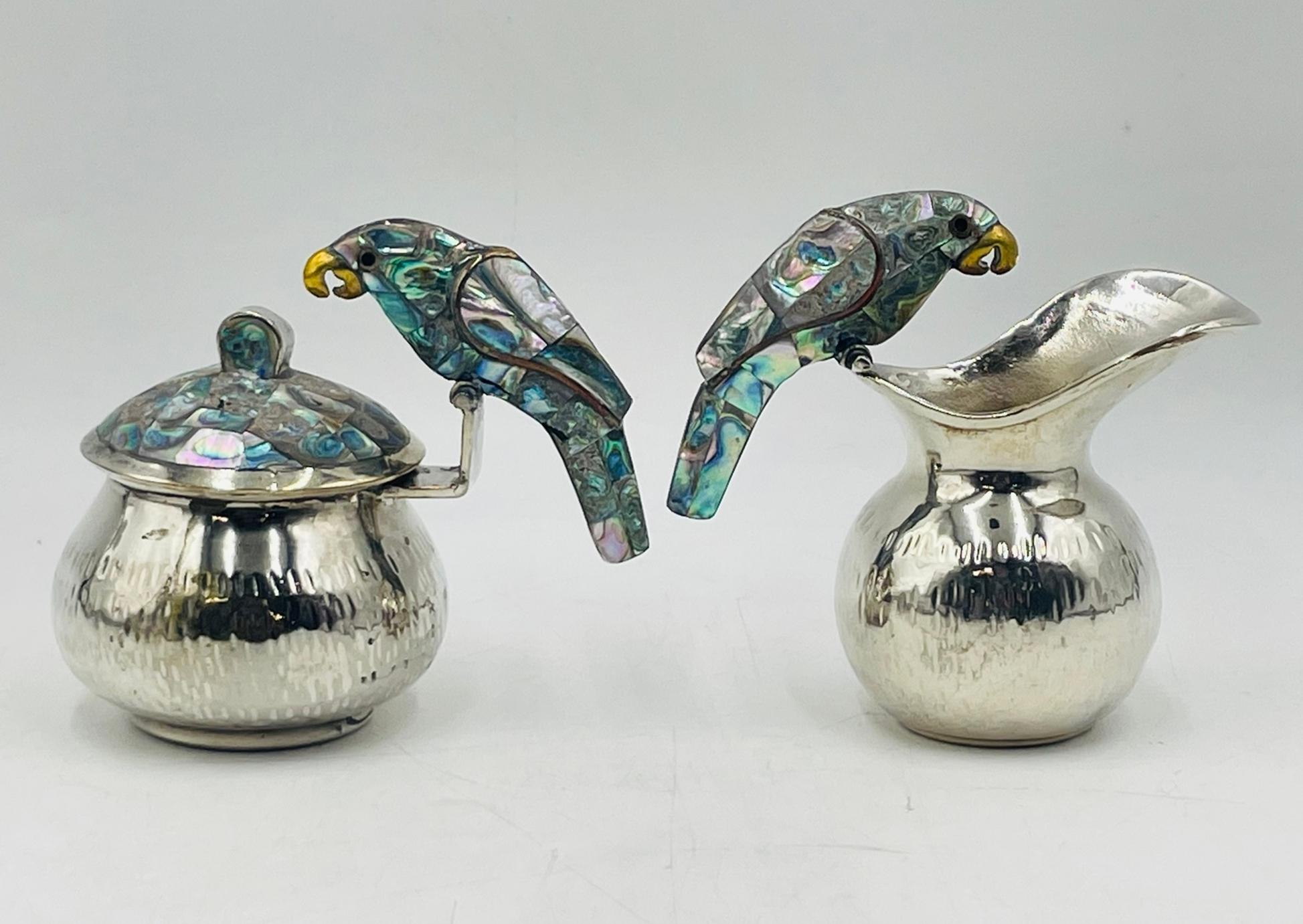 Los Fajardo 1960s Silver Plate & Abalone Parrot 3-Piece Service Set, Taxco For Sale 6
