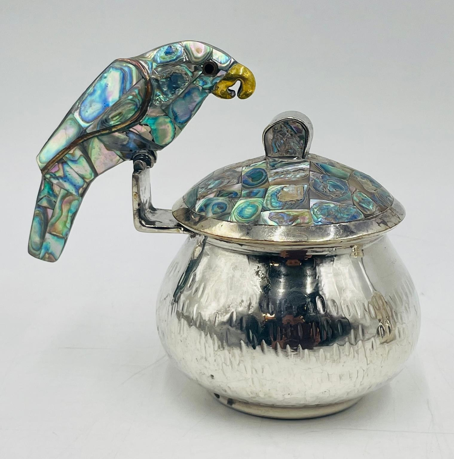 Los Fajardo 1960s Silver Plate & Abalone Parrot 3-Piece Service Set, Taxco For Sale 7