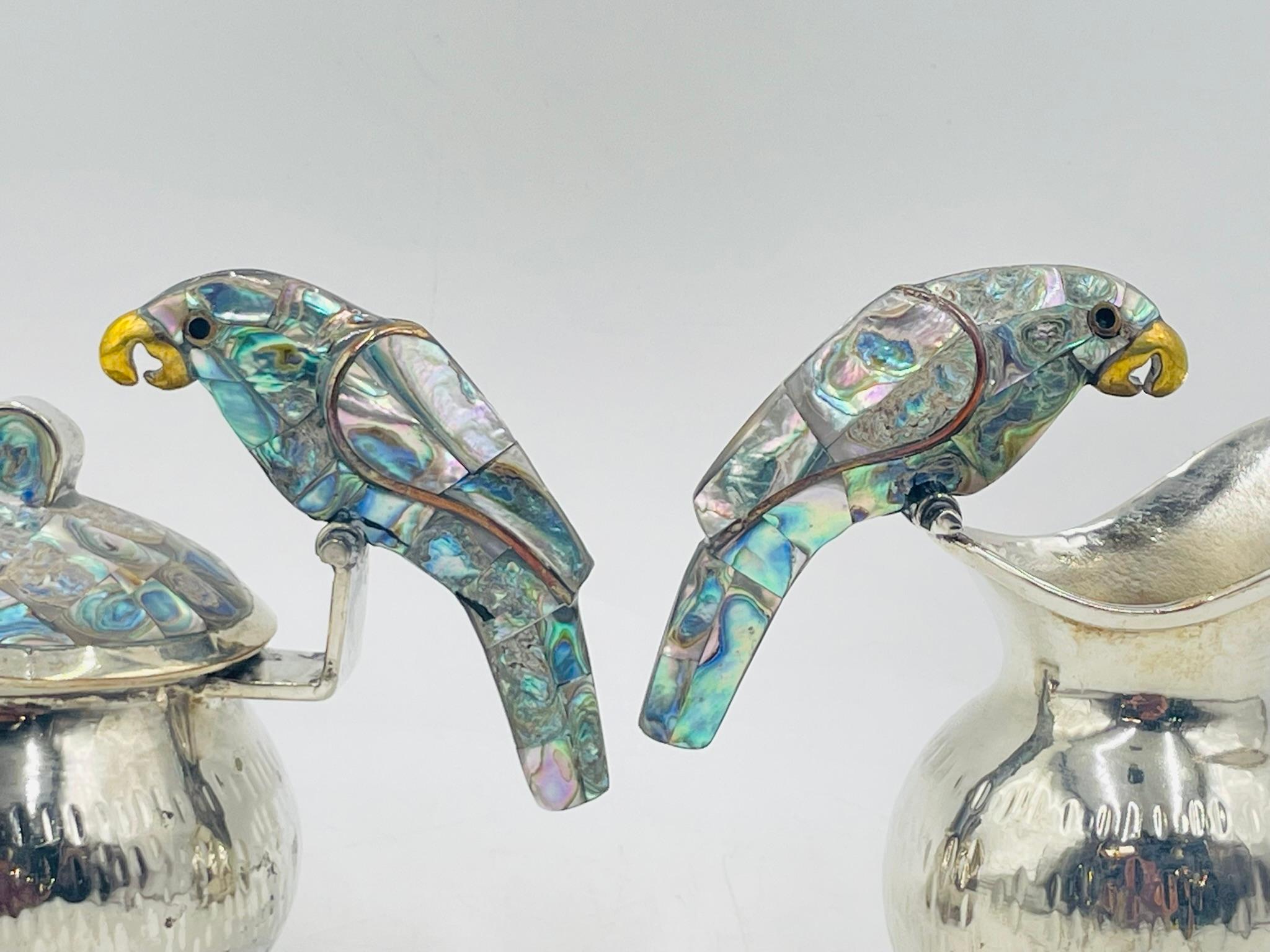 Los Fajardo 1960s Silver Plate & Abalone Parrot 3-Piece Service Set, Taxco For Sale 9