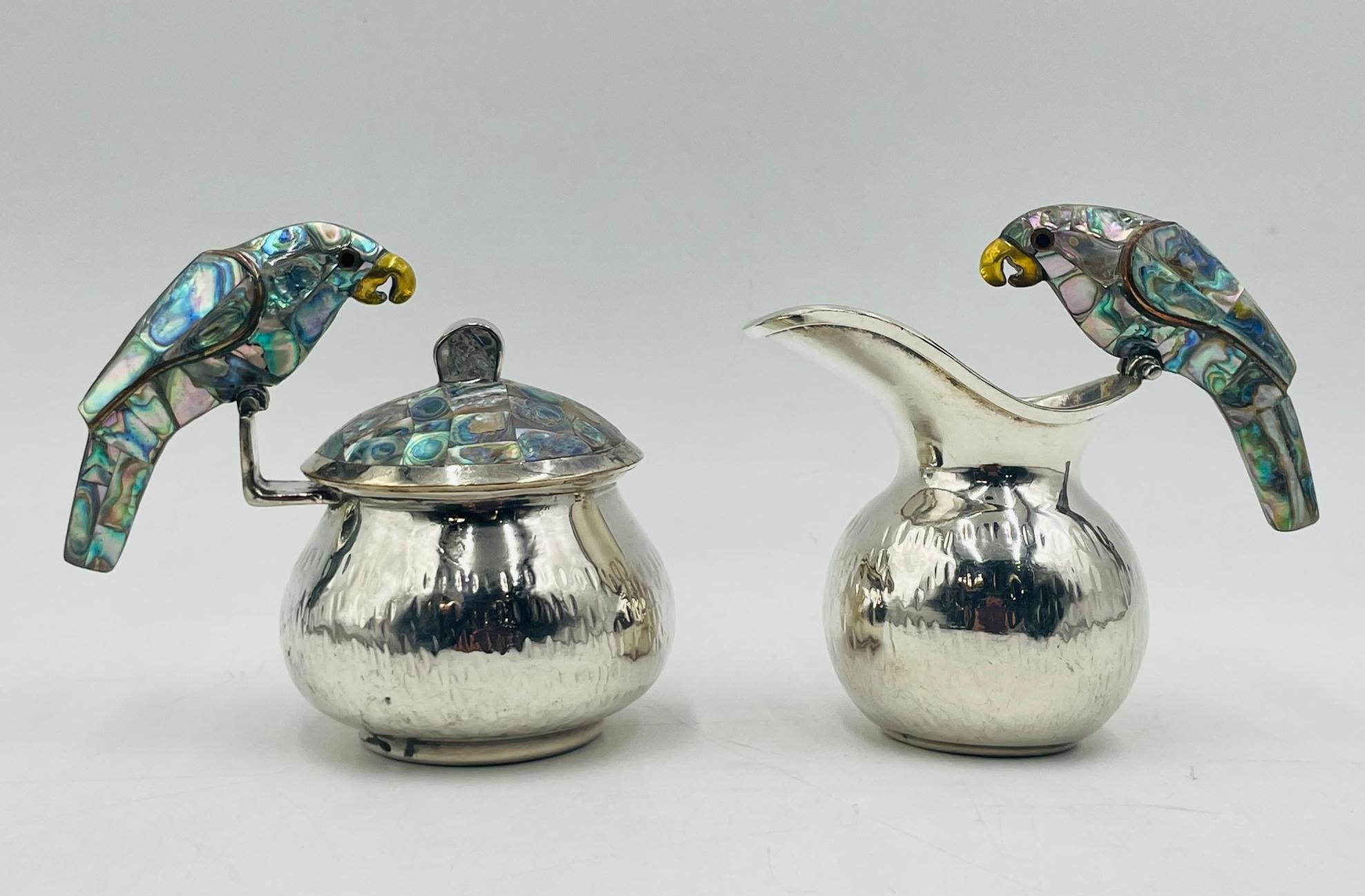 Los Fajardo 1960s Silver Plate & Abalone Parrot 3-Piece Service Set, Taxco For Sale 10