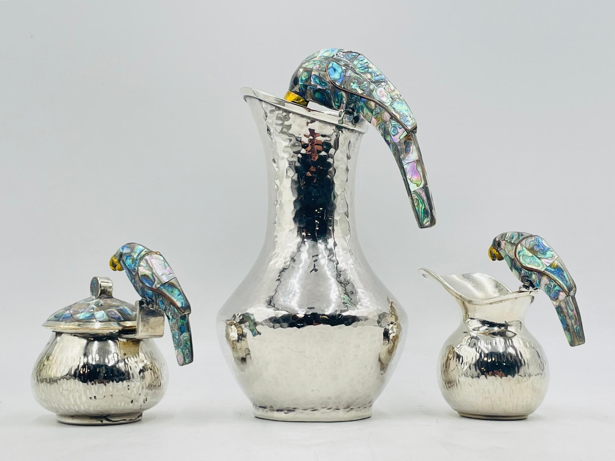 Modern Los Fajardo 1960s Silver Plate & Abalone Parrot 3-Piece Service Set, Taxco For Sale