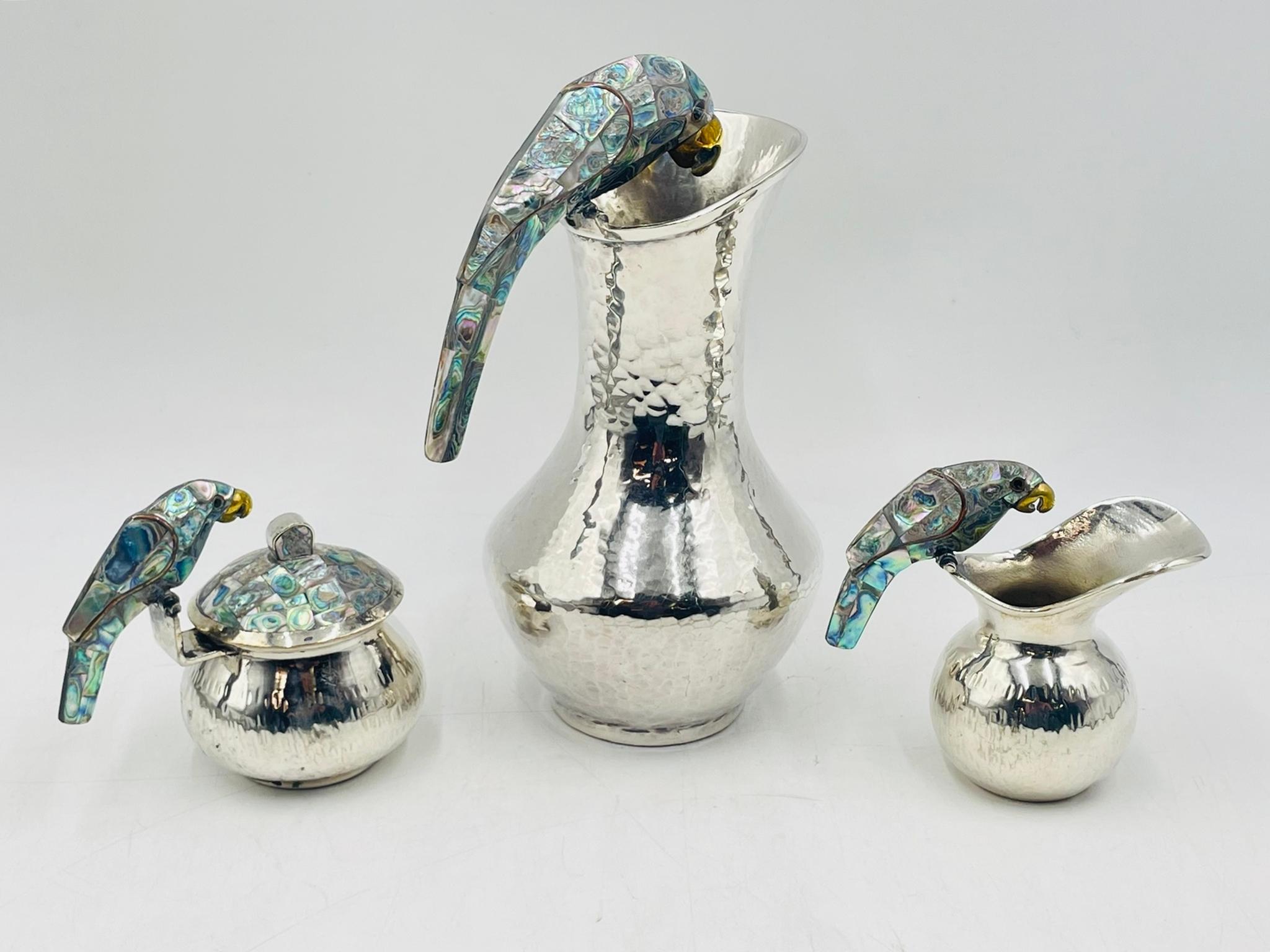 Hand-Crafted Los Fajardo 1960s Silver Plate & Abalone Parrot 3-Piece Service Set, Taxco For Sale