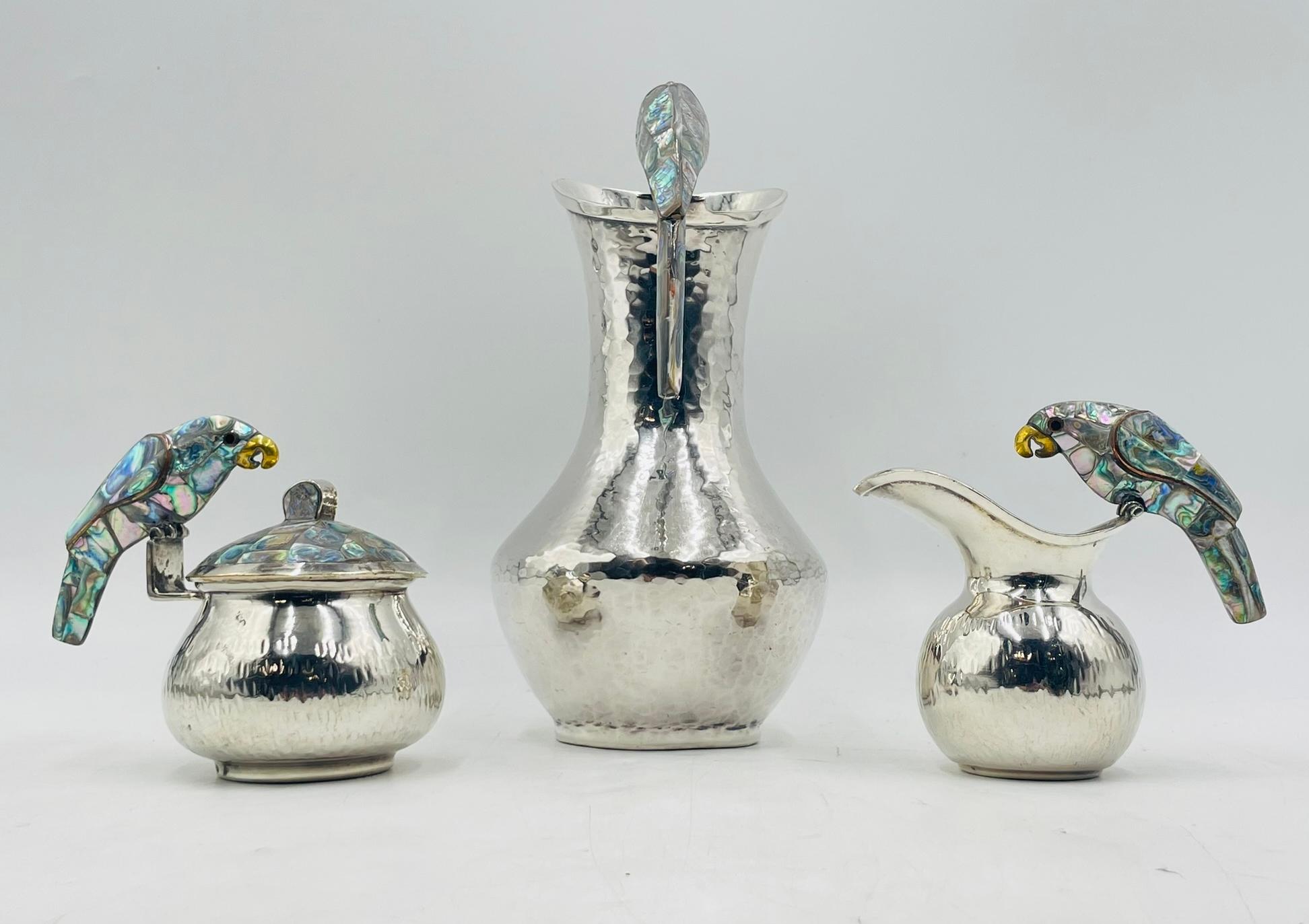 Mid-20th Century Los Fajardo 1960s Silver Plate & Abalone Parrot 3-Piece Service Set, Taxco For Sale