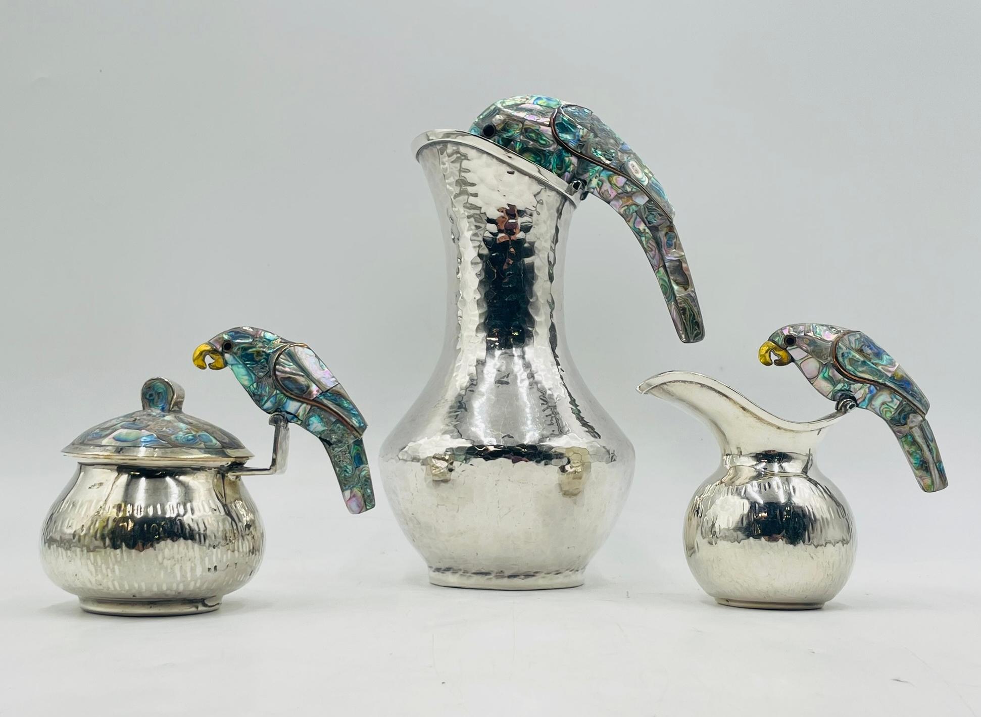 Los Fajardo 1960s Silver Plate & Abalone Parrot 3-Piece Service Set, Taxco For Sale 1