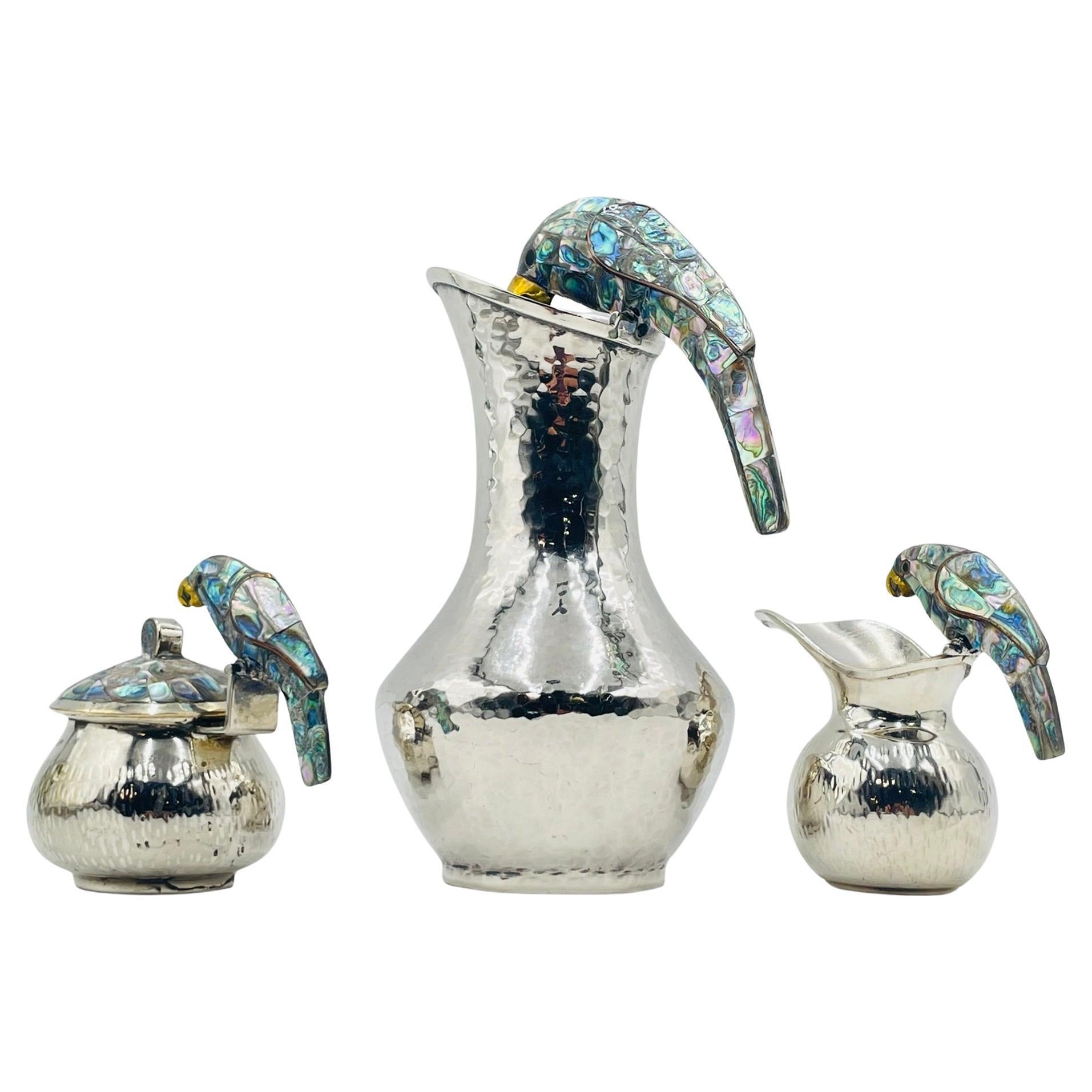 Los Fajardo 1960s Silver Plate & Abalone Parrot 3-Piece Service Set, Taxco For Sale