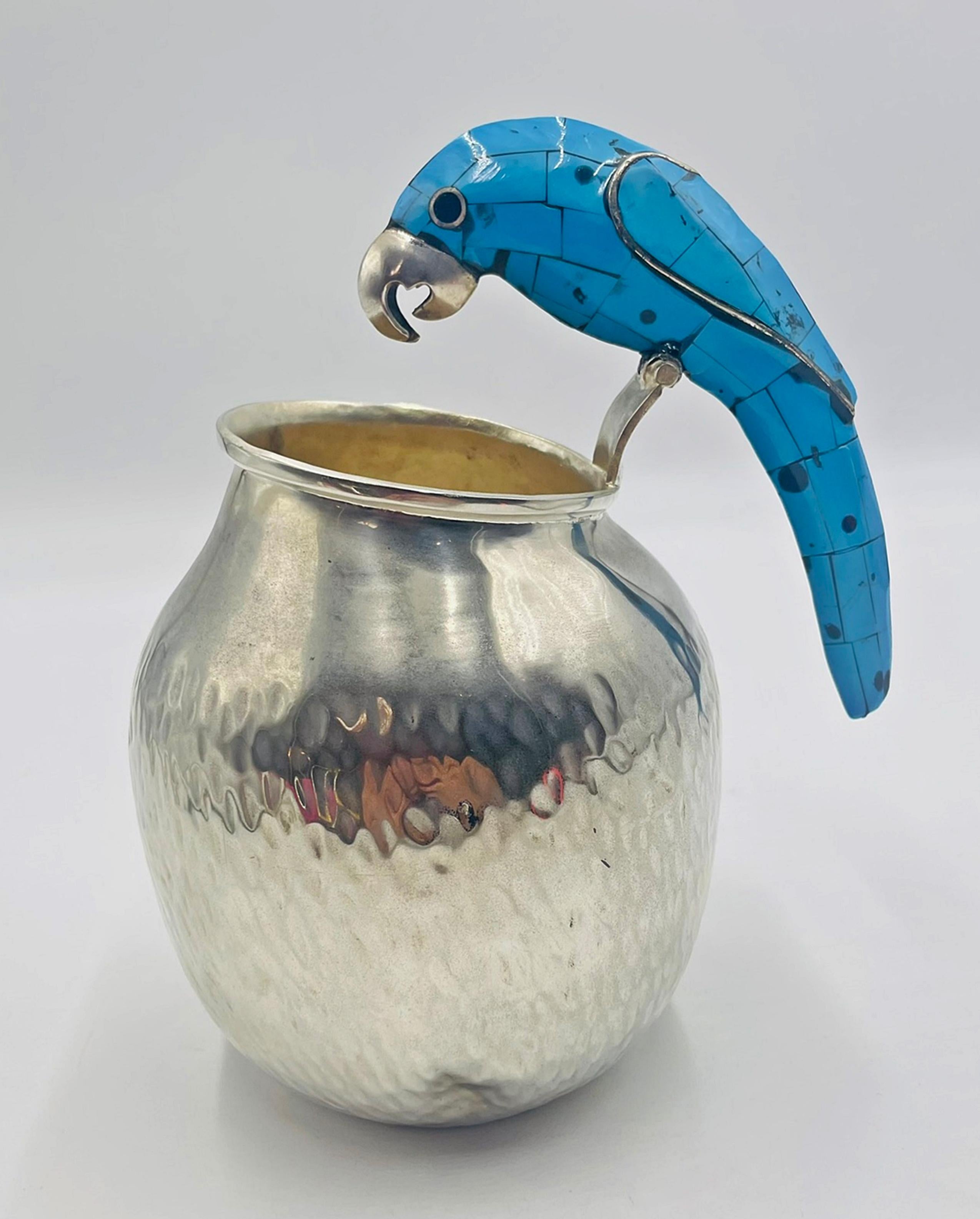 Los Fajardo Silver-Plated Pitcher with Blue Stone Inlaid Parrot Handle, Mexico im Angebot 5