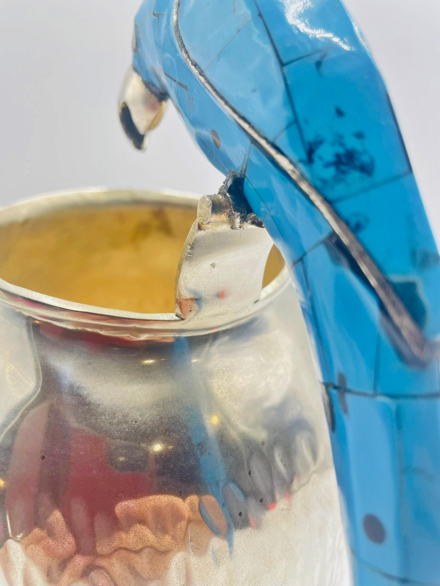 Los Fajardo Silver-Plated Pitcher with Blue Stone Inlaid Parrot Handle, Mexico im Angebot 12