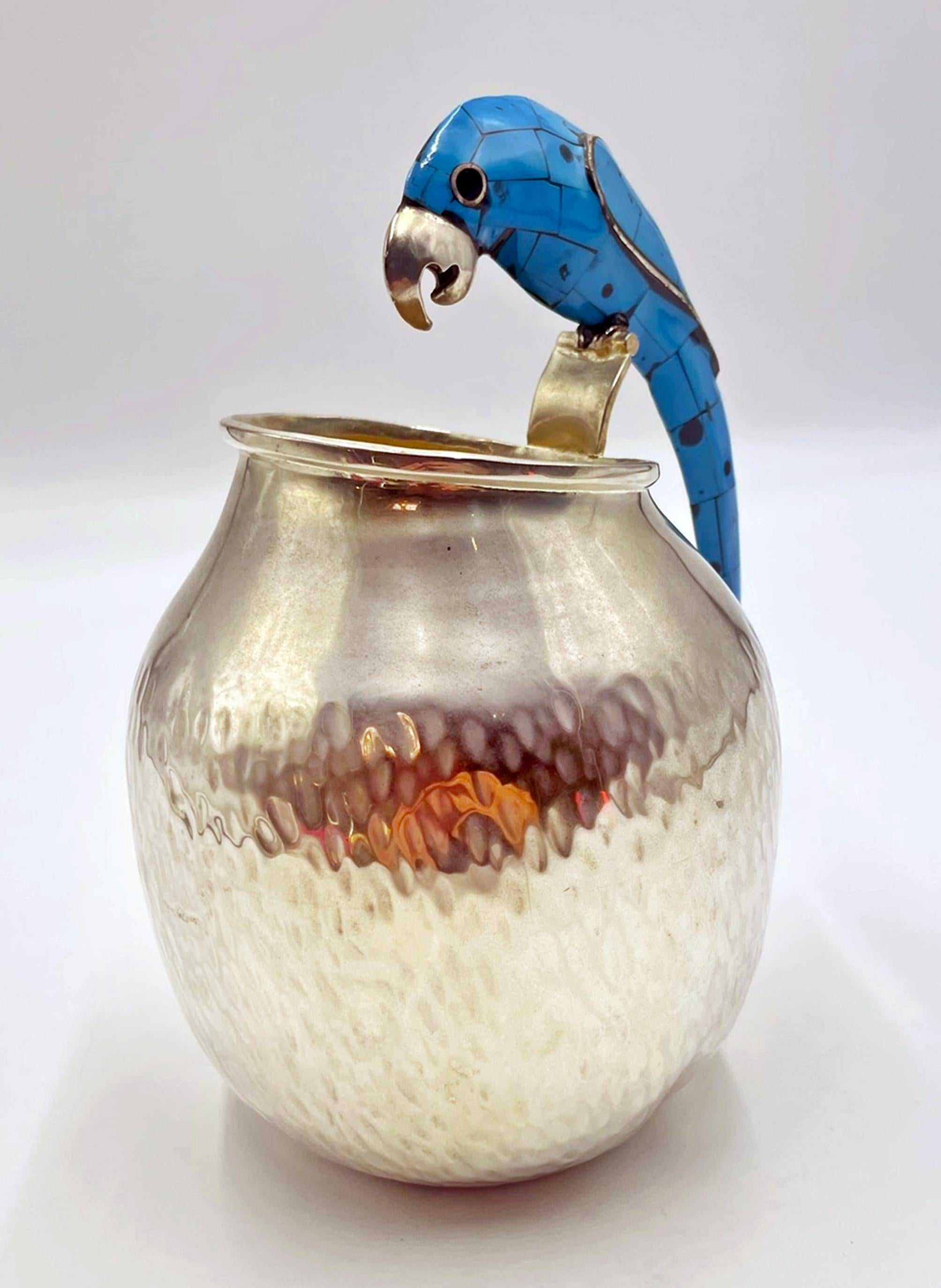 Los Fajardo Silver-Plated Pitcher with Blue Stone Inlaid Parrot Handle, Mexico im Angebot 1