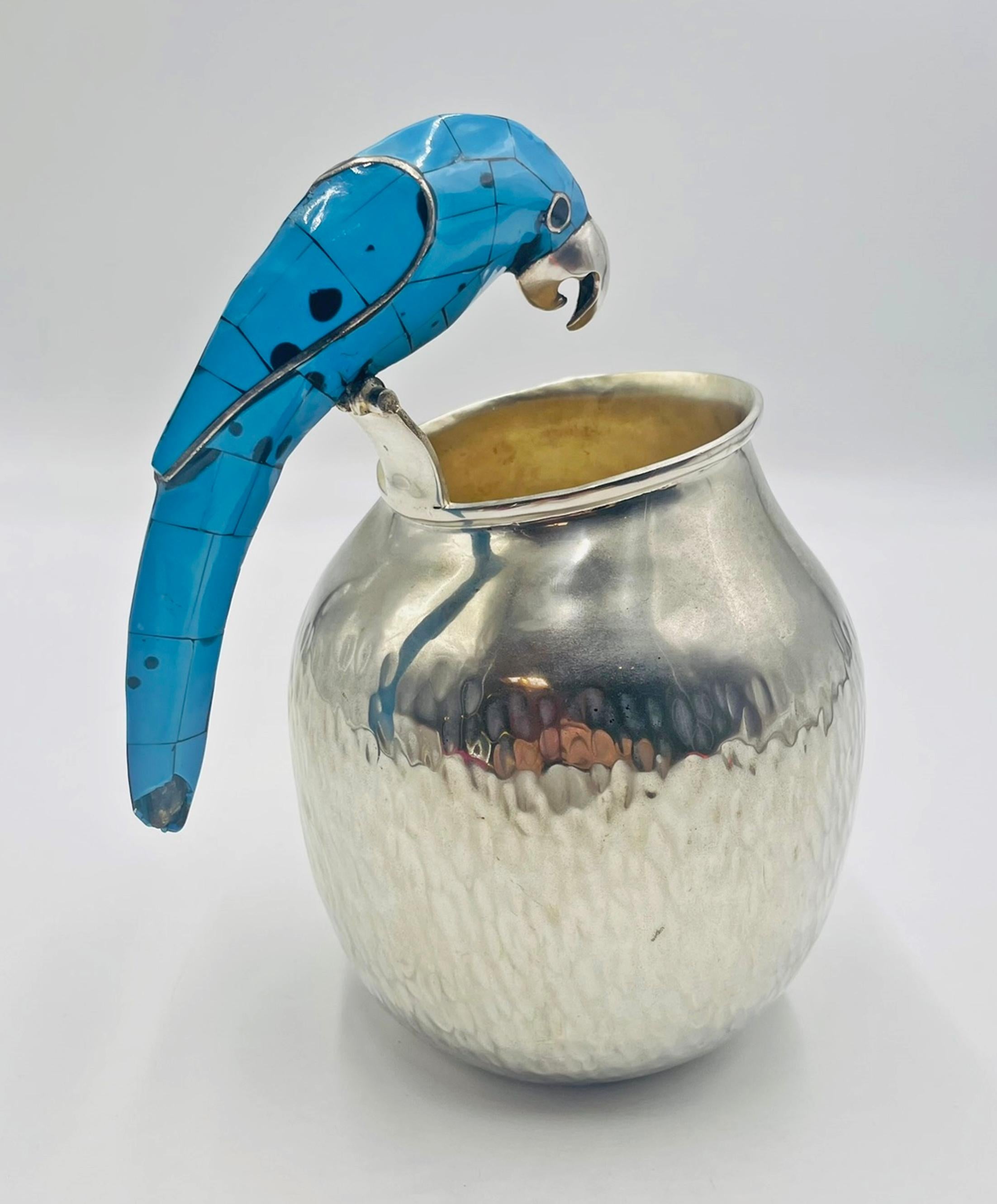 Los Fajardo Silver-Plated Pitcher with Blue Stone Inlaid Parrot Handle, Mexico im Angebot 2