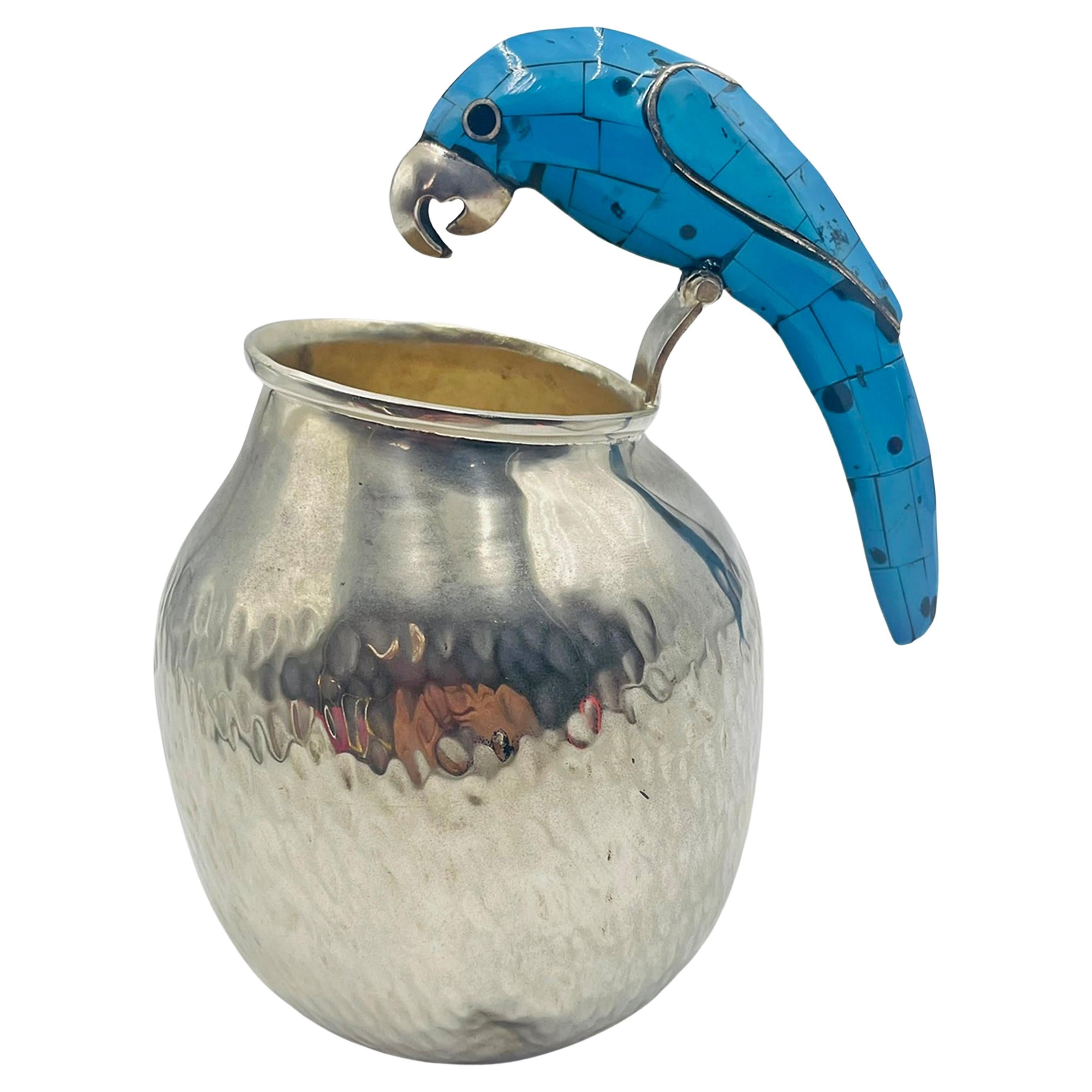 Los Fajardo Silver-Plated Pitcher with Blue Stone Inlaid Parrot Handle, Mexico
