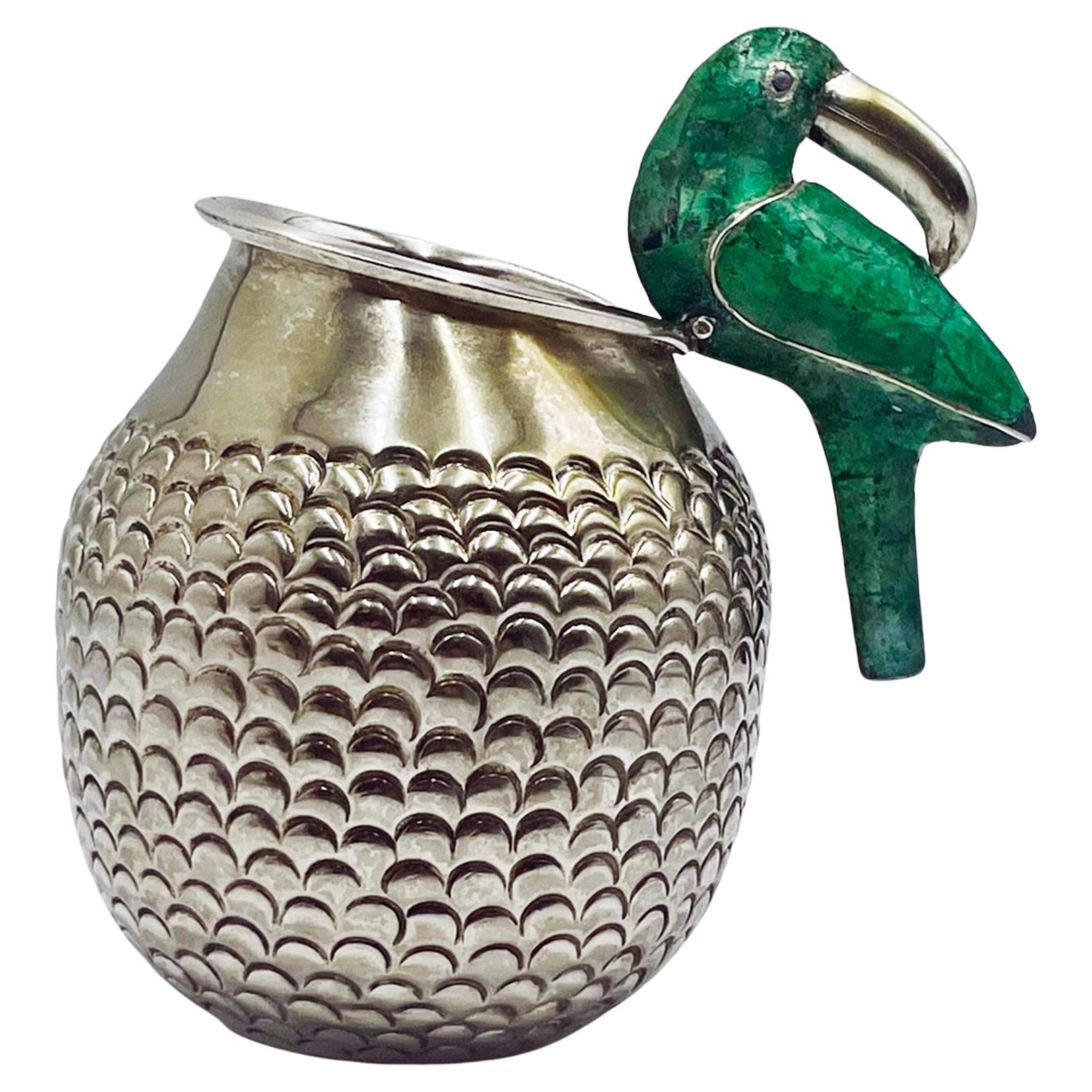 Los Fajardo Taxco Toucan Pitcher Malachite Silver Plate Messico 1960s