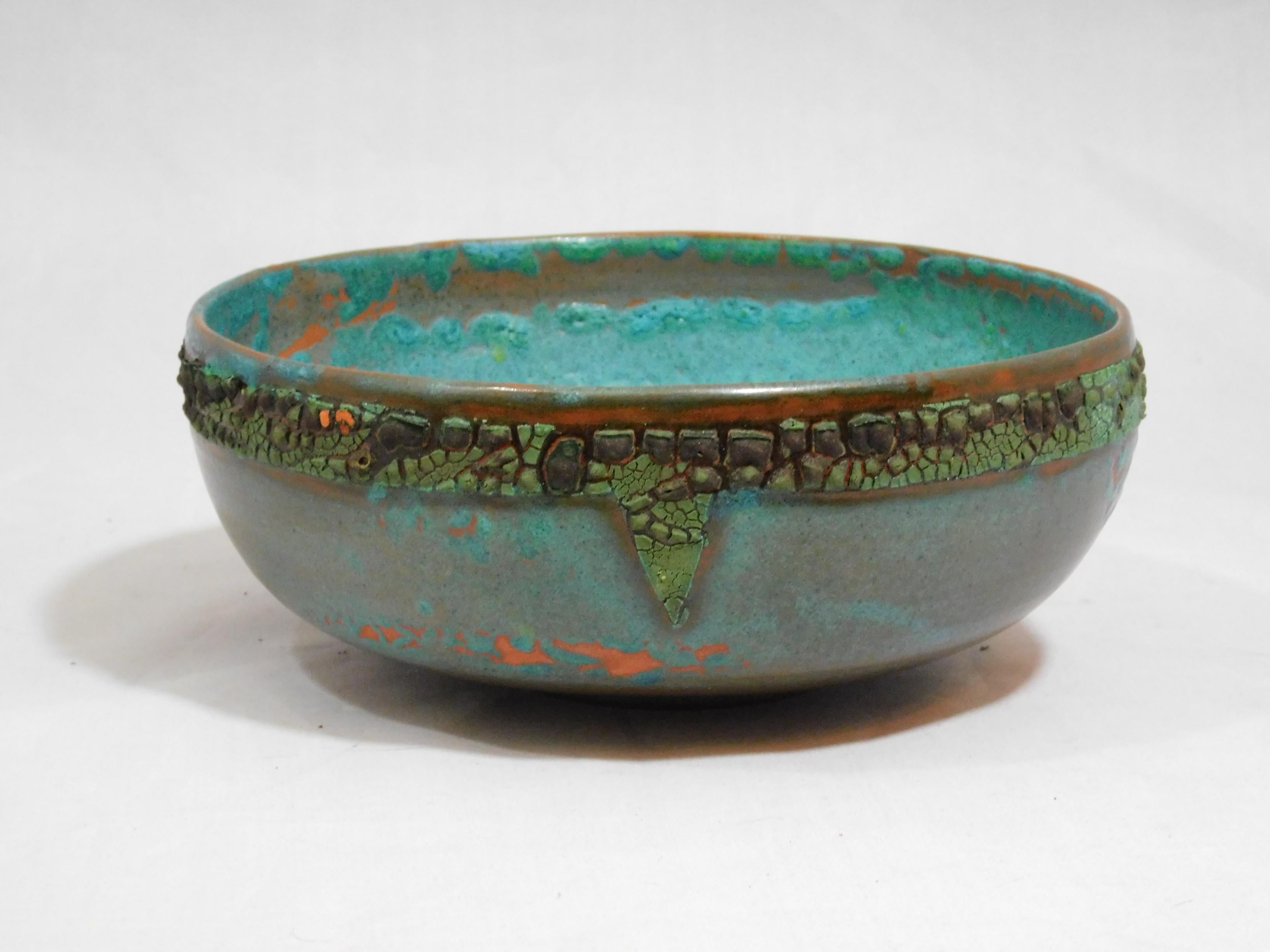 Wheel thrown Los Feliz earthenware bowl by ceramicist Andrew Wilder. This is a one of a kind object made in the ancient way- by hand in a small artisanal pottery. In this series Wilder explores the application of lichen under glazes to achieve