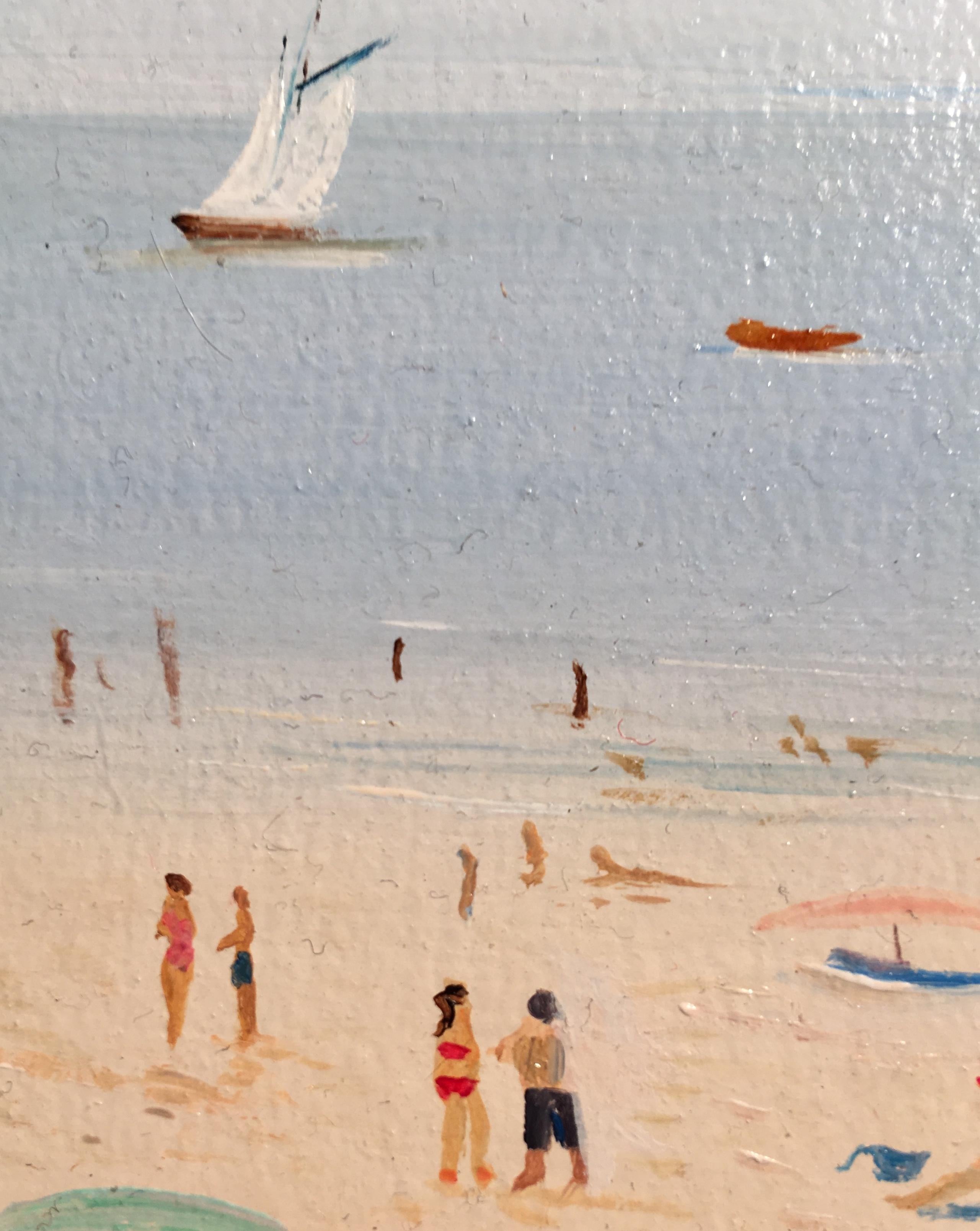 'Fun on the Beach' Contemporary Colourful beach scene with figures, sea & water - Painting by Losada Romeu 