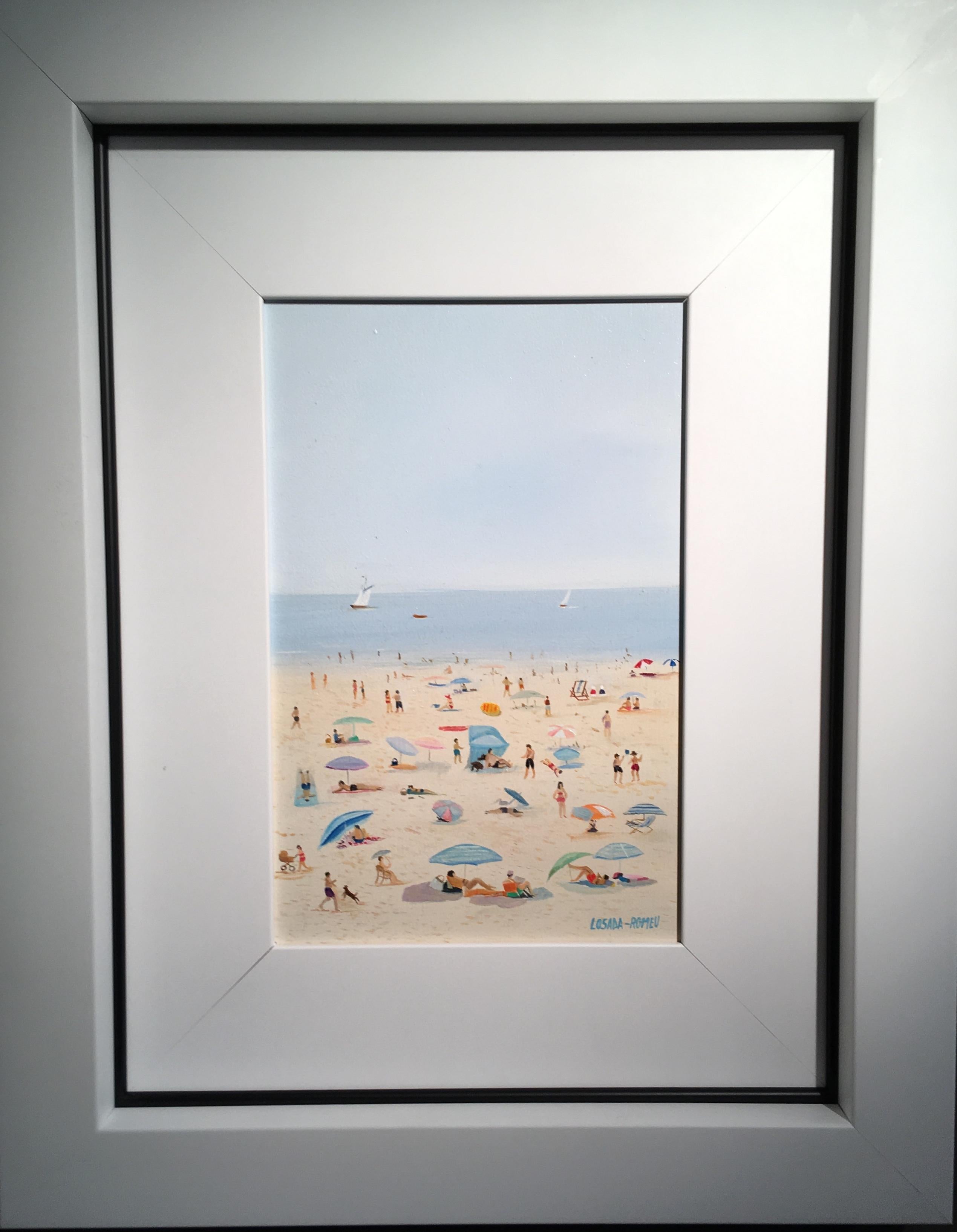 'Fun on the Beach' Contemporary Colourful beach scene with figures, sea & water For Sale 1