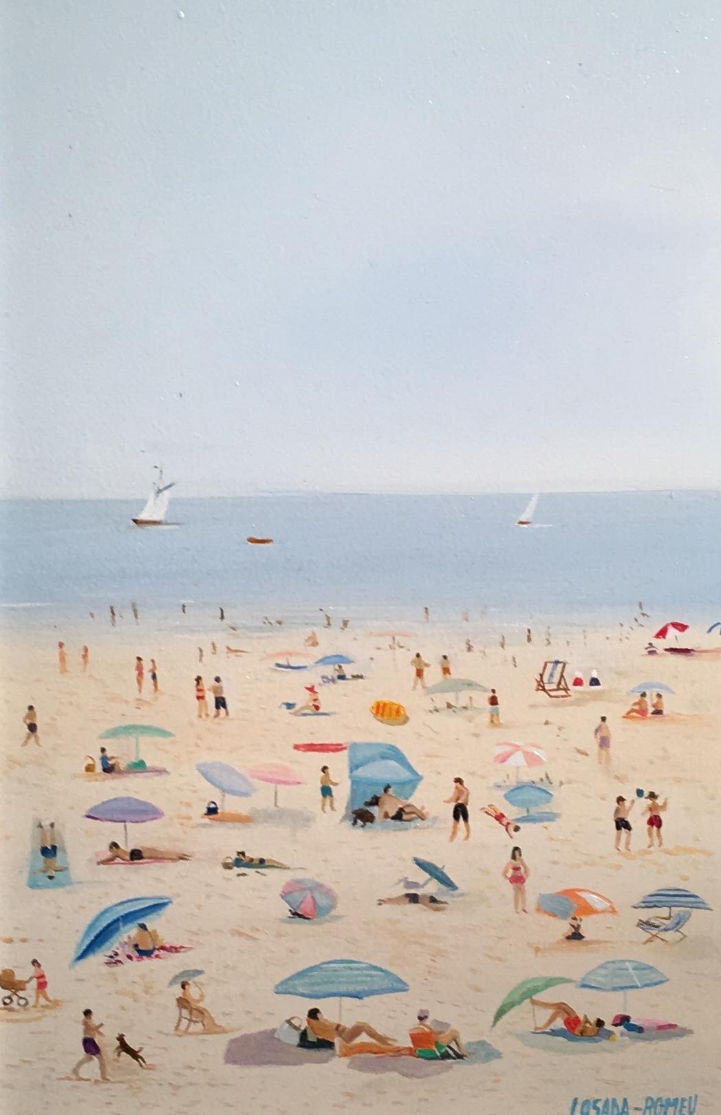 Losada Romeu  Figurative Painting - 'Fun on the Beach' Contemporary Colourful beach scene with figures, sea & water