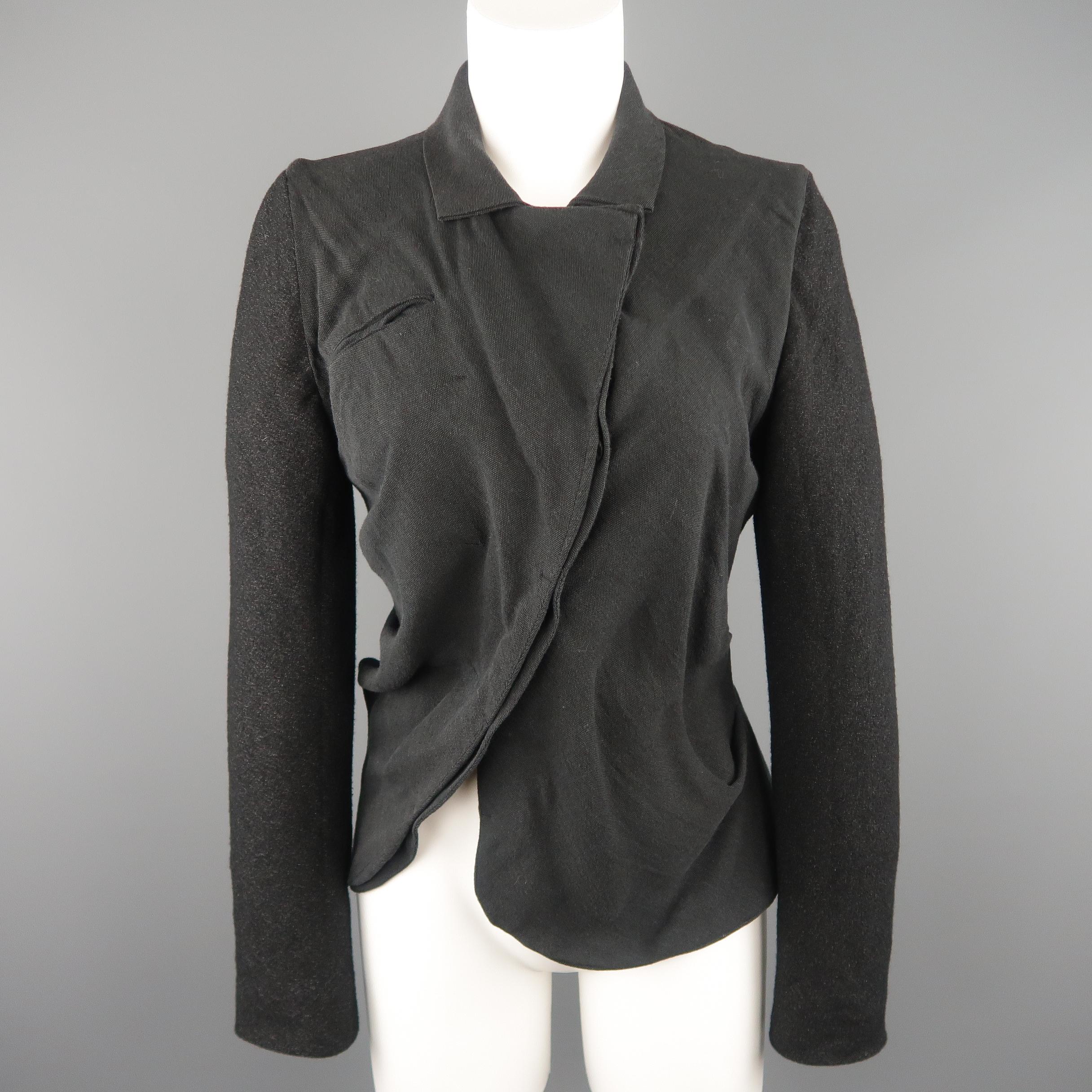 LOST & FOUND jacket comes in charcoal pique with a pointed lapel, ruched sides, asymmetrical button closure, and black textured knit sleeves.
 
Excellent Pre-Owned Condition. Retails: $750.00.
Marked: (no size)
 
Measurements:
 
Shoulder: 15