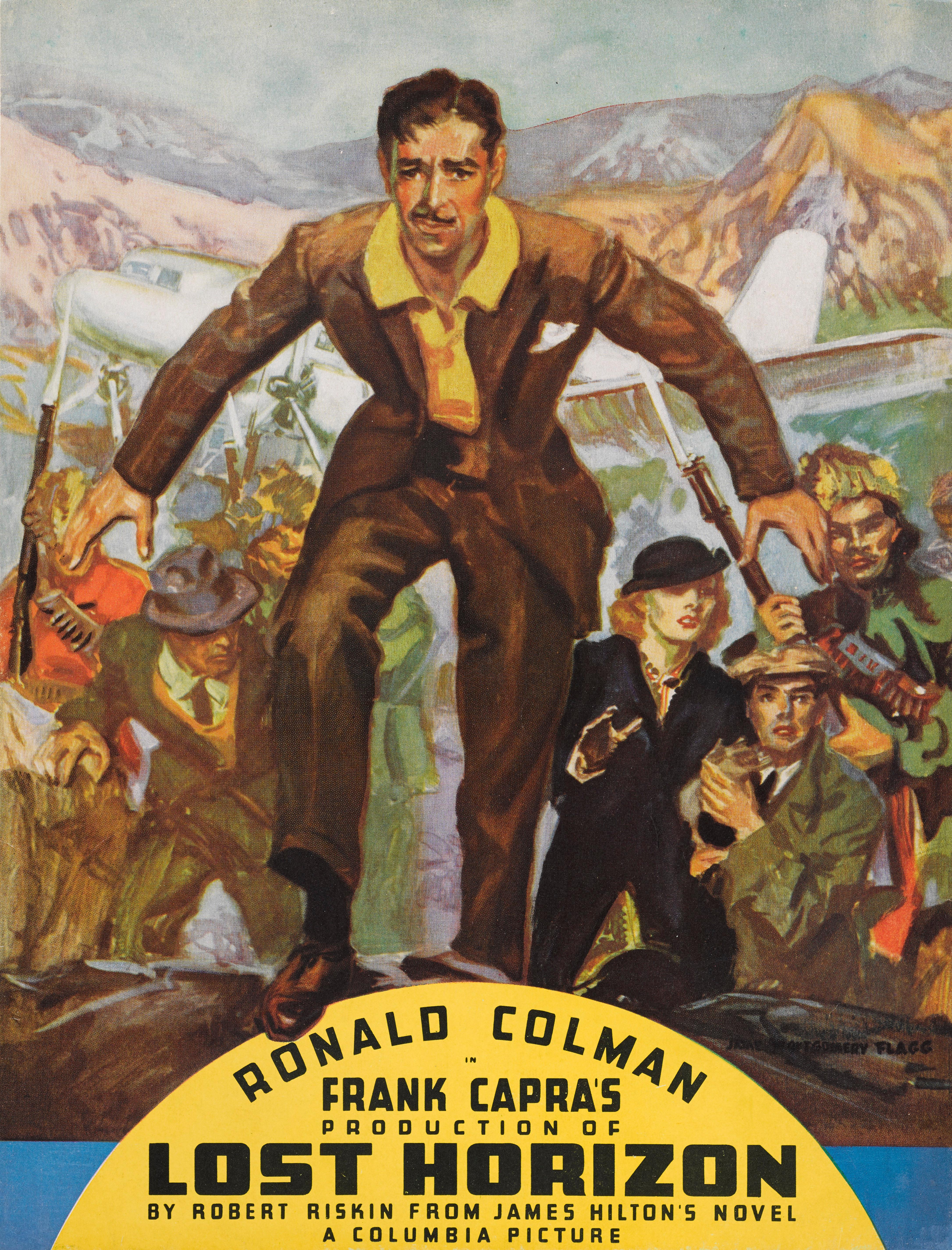 Couverture originale du programme américain du film d'aventure fantastique de Frank Capra en 1937 avec Ronald Colman, Jane Wyatt.
L'illustration de cette pièce est due au célèbre artiste et illustrateur américain James Montgomery Flagg (1877-1960)