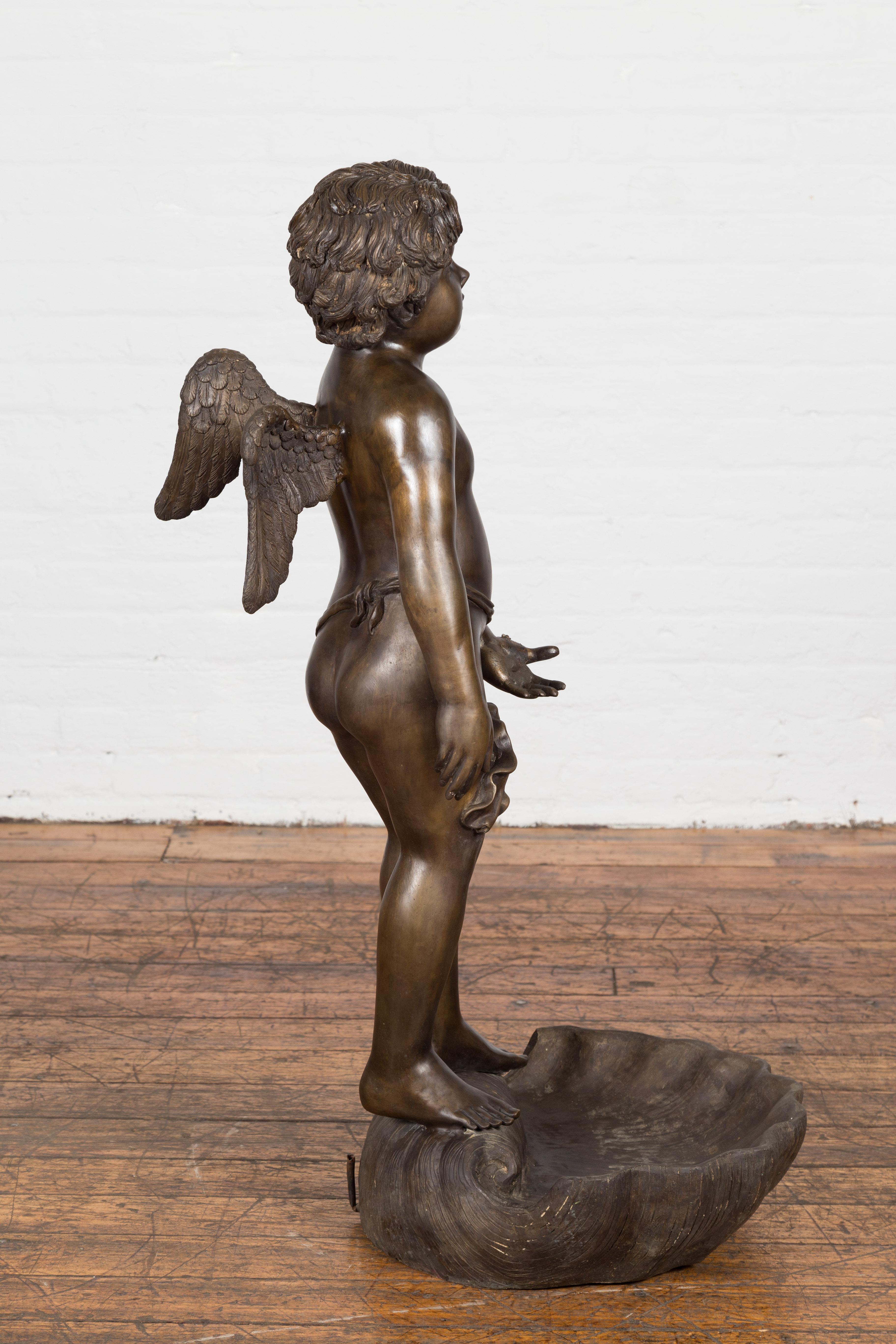 Lost Wax Bronze Statue of a Winged Cherub Standing on a Shell in Dark Patina For Sale 7