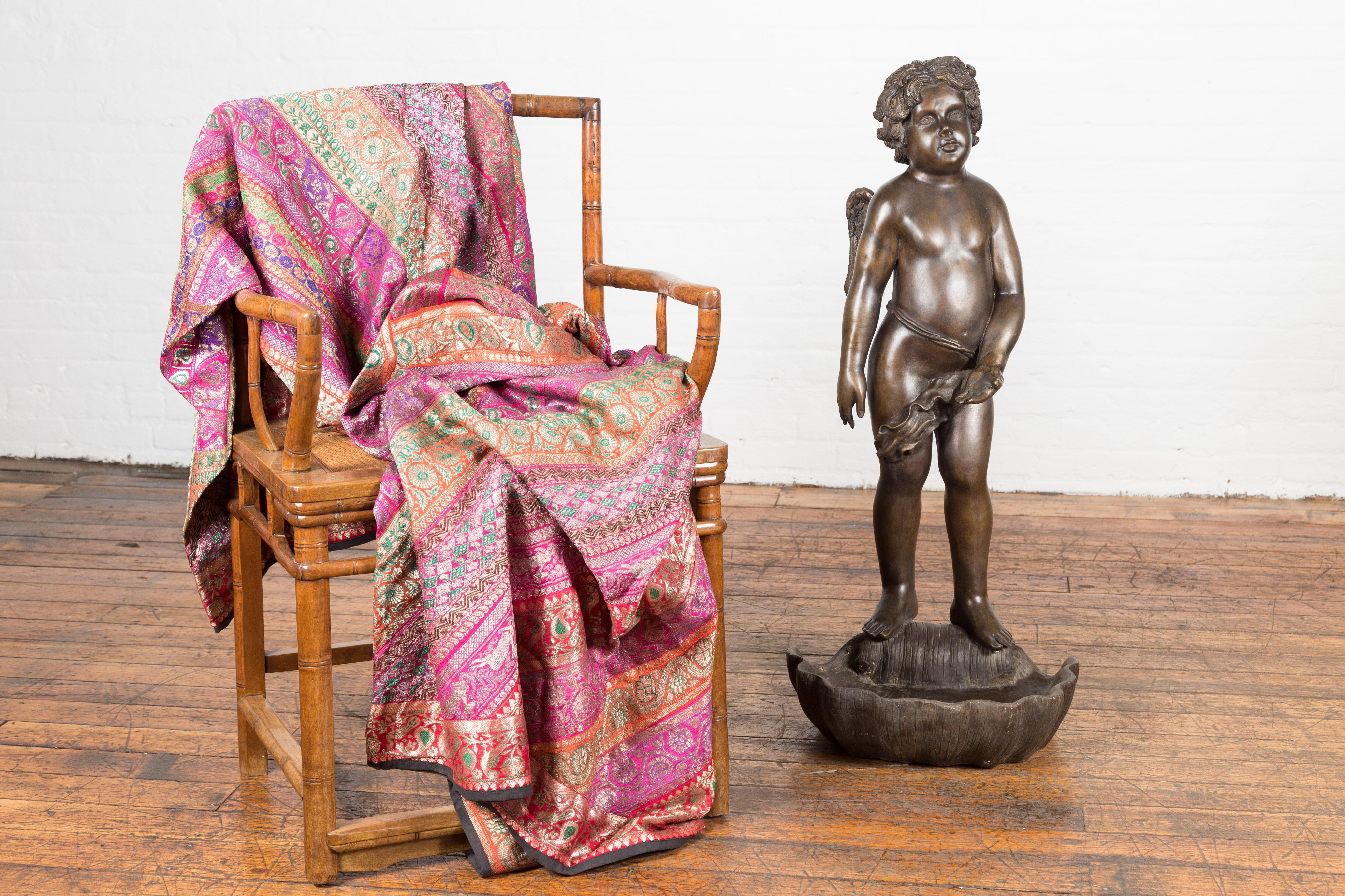 20th Century Lost Wax Bronze Statue of a Winged Cherub Standing on a Shell in Dark Patina For Sale
