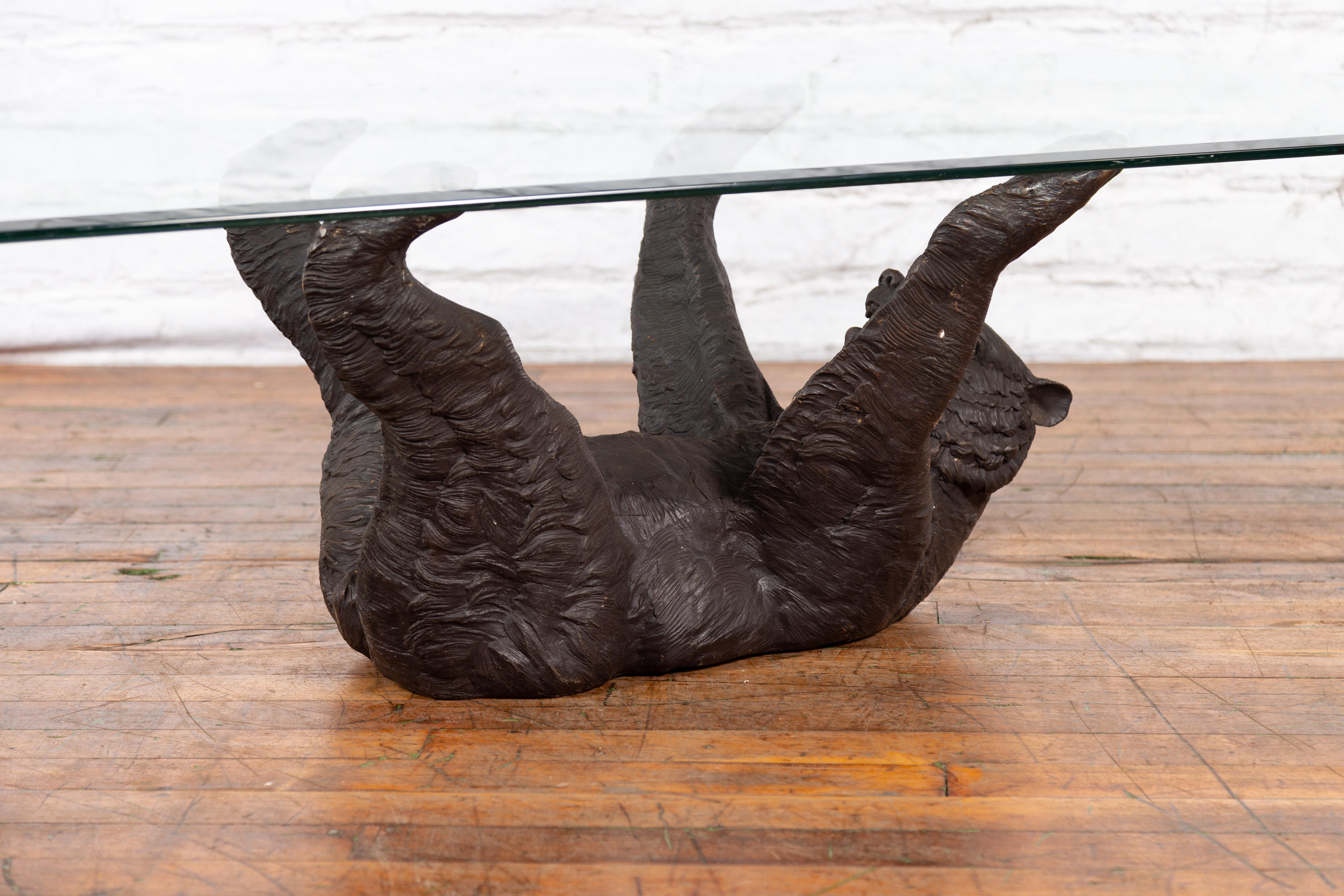 Lost Wax Cast Bronze Coffee Table Base Depicting a Bear Laying on his Back In Good Condition For Sale In Yonkers, NY
