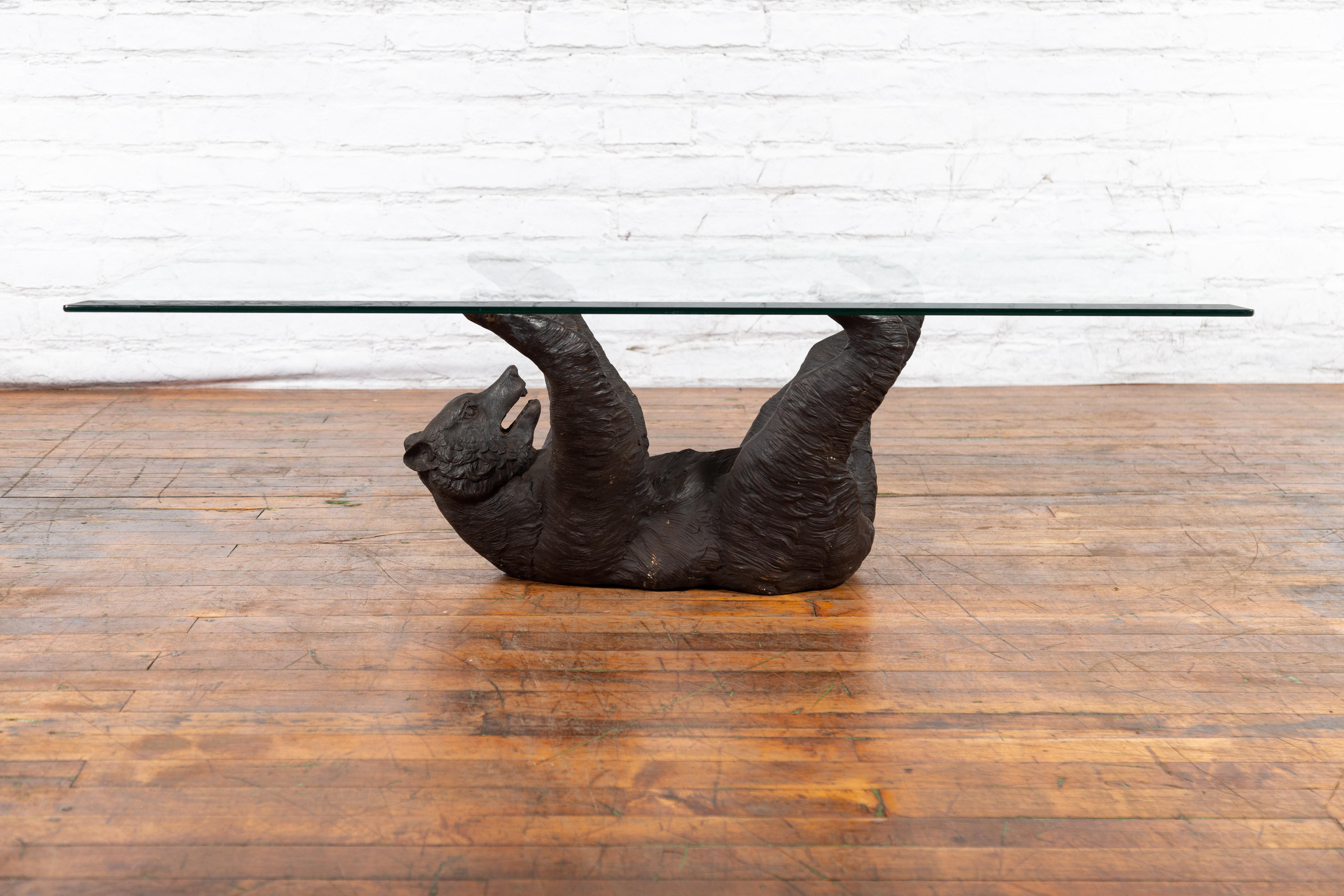 Contemporary Lost Wax Cast Bronze Coffee Table Base Depicting a Bear Laying on his Back For Sale