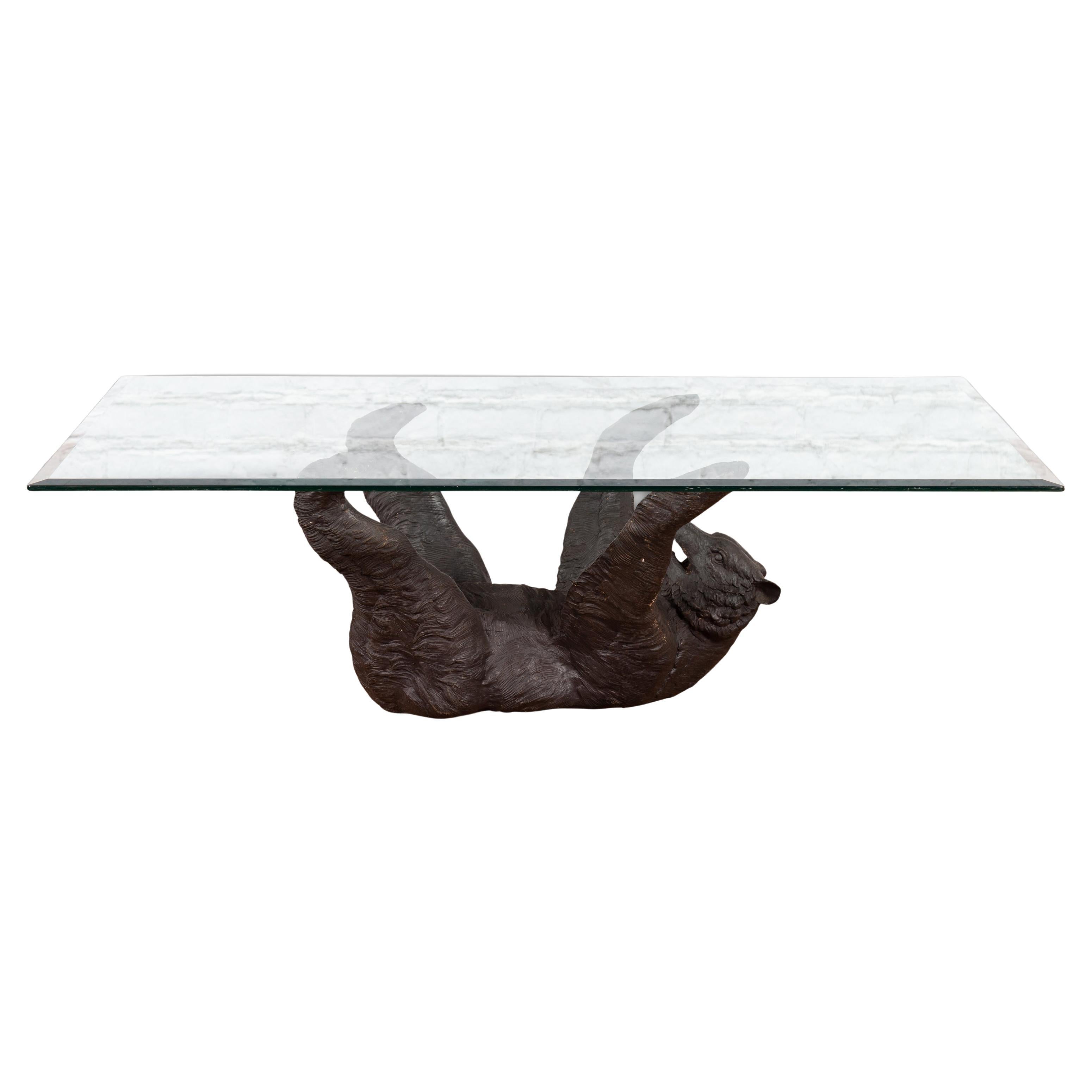 Lost Wax Cast Bronze Coffee Table Base Depicting a Bear Laying on his Back For Sale