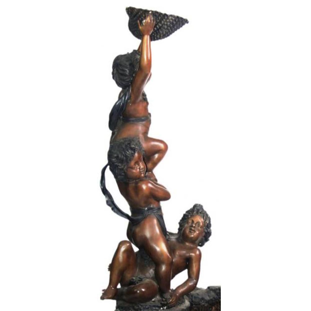 Contemporary Lost-Wax Cast Bronze Fountain Depicting Three Putti Holding a Shell in a Basin For Sale