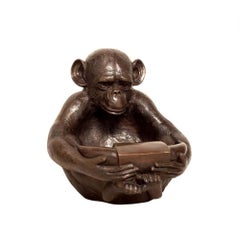 Lost Wax Cast Bronze Sculpture of a Sitting Monkey Holding a Bowl