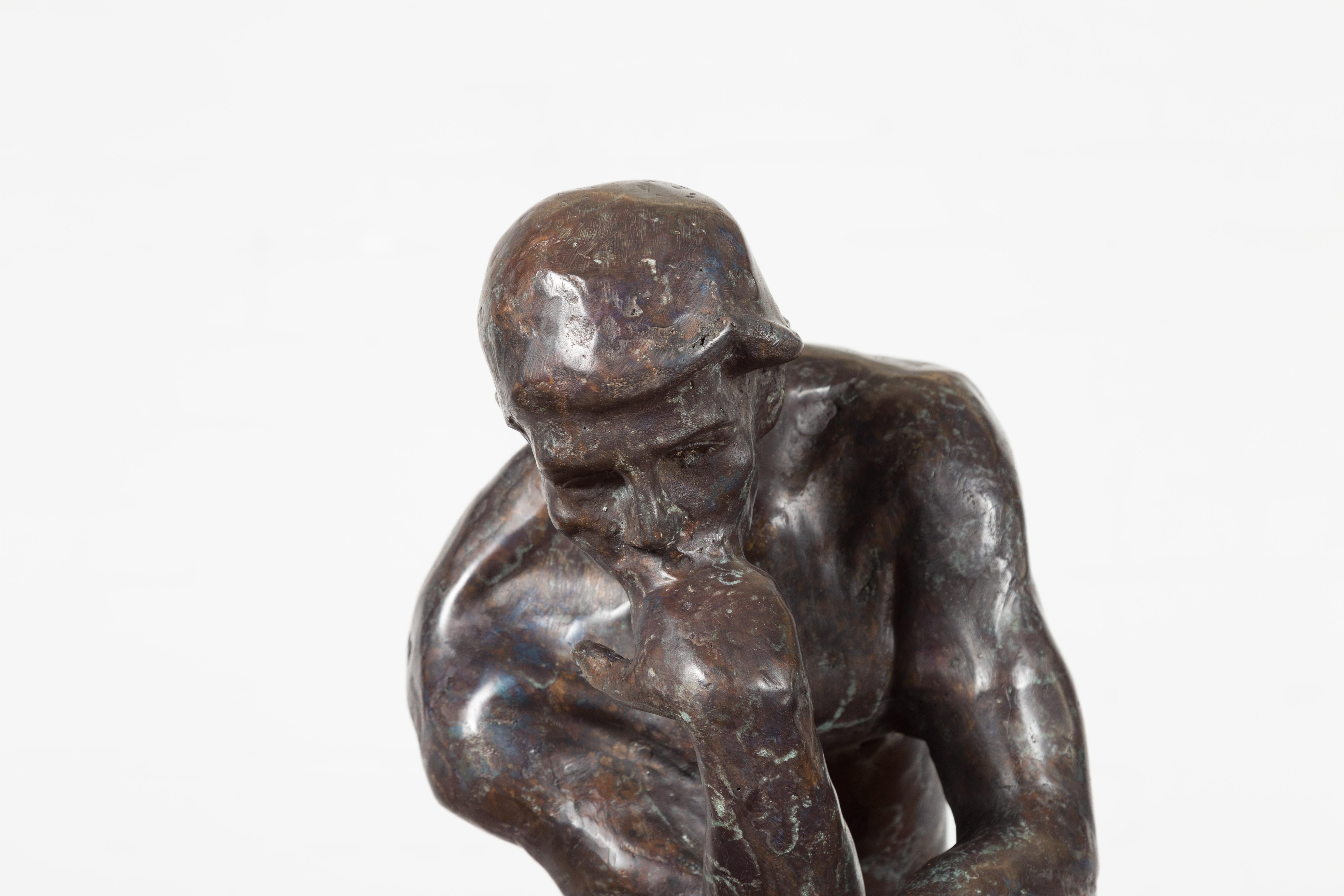 Lost Wax Cast Bronze Sculpture on Base Inspired by Auguste Rodin's The thinker For Sale 6