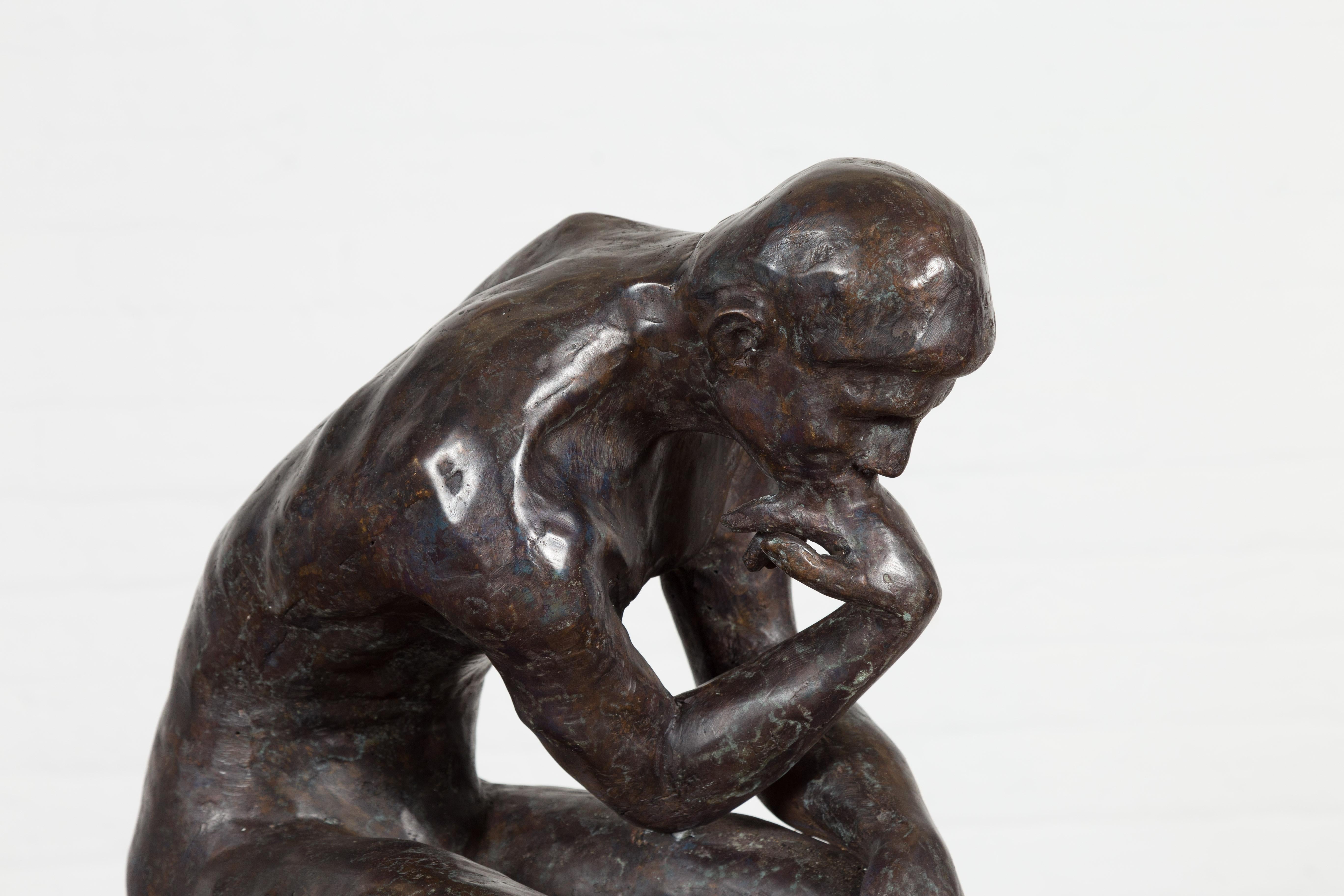 Lost Wax Cast Bronze Sculpture on Base Inspired by Auguste Rodin's The thinker For Sale 9