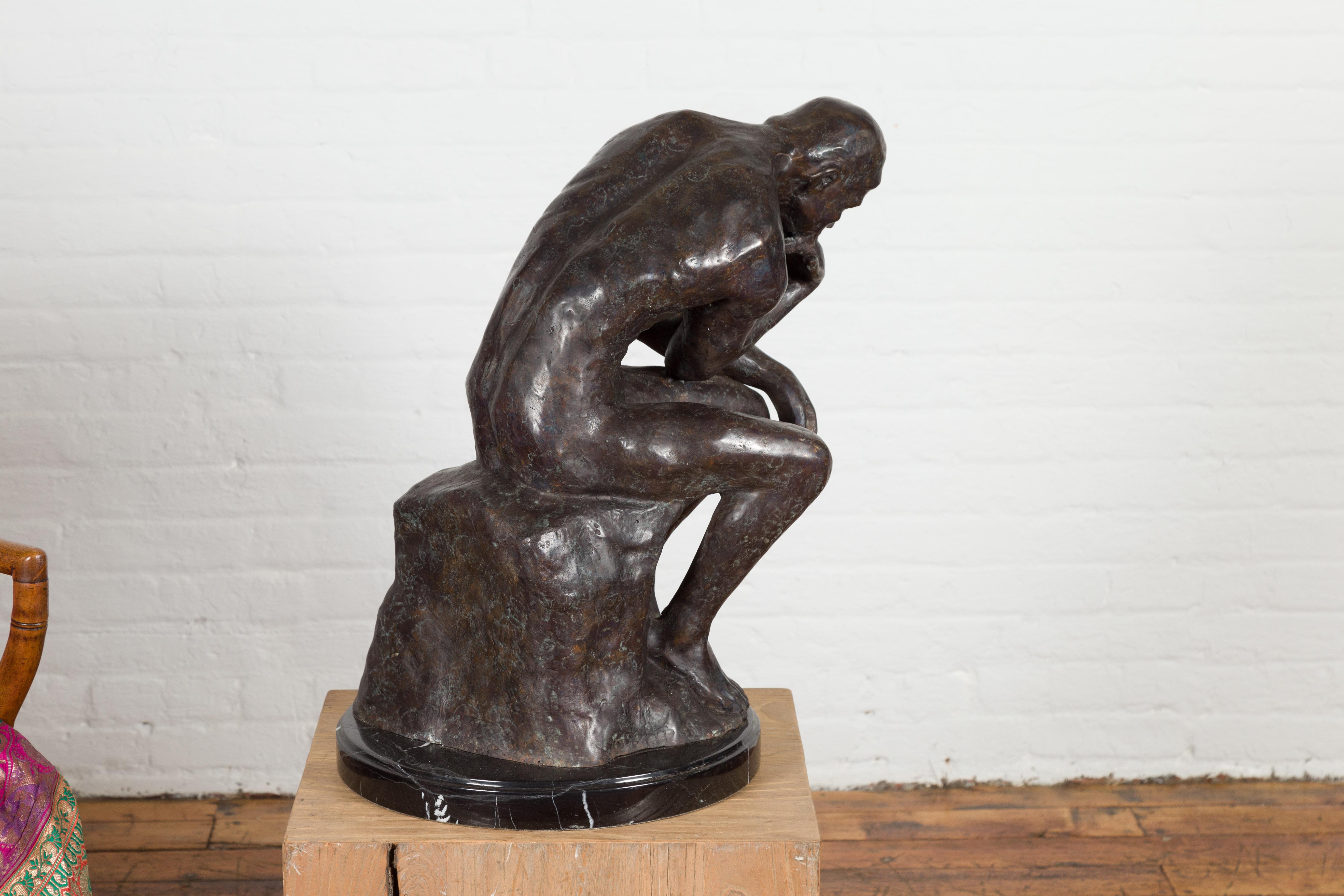 Lost Wax Cast Bronze Sculpture on Base Inspired by Auguste Rodin's The thinker For Sale 11