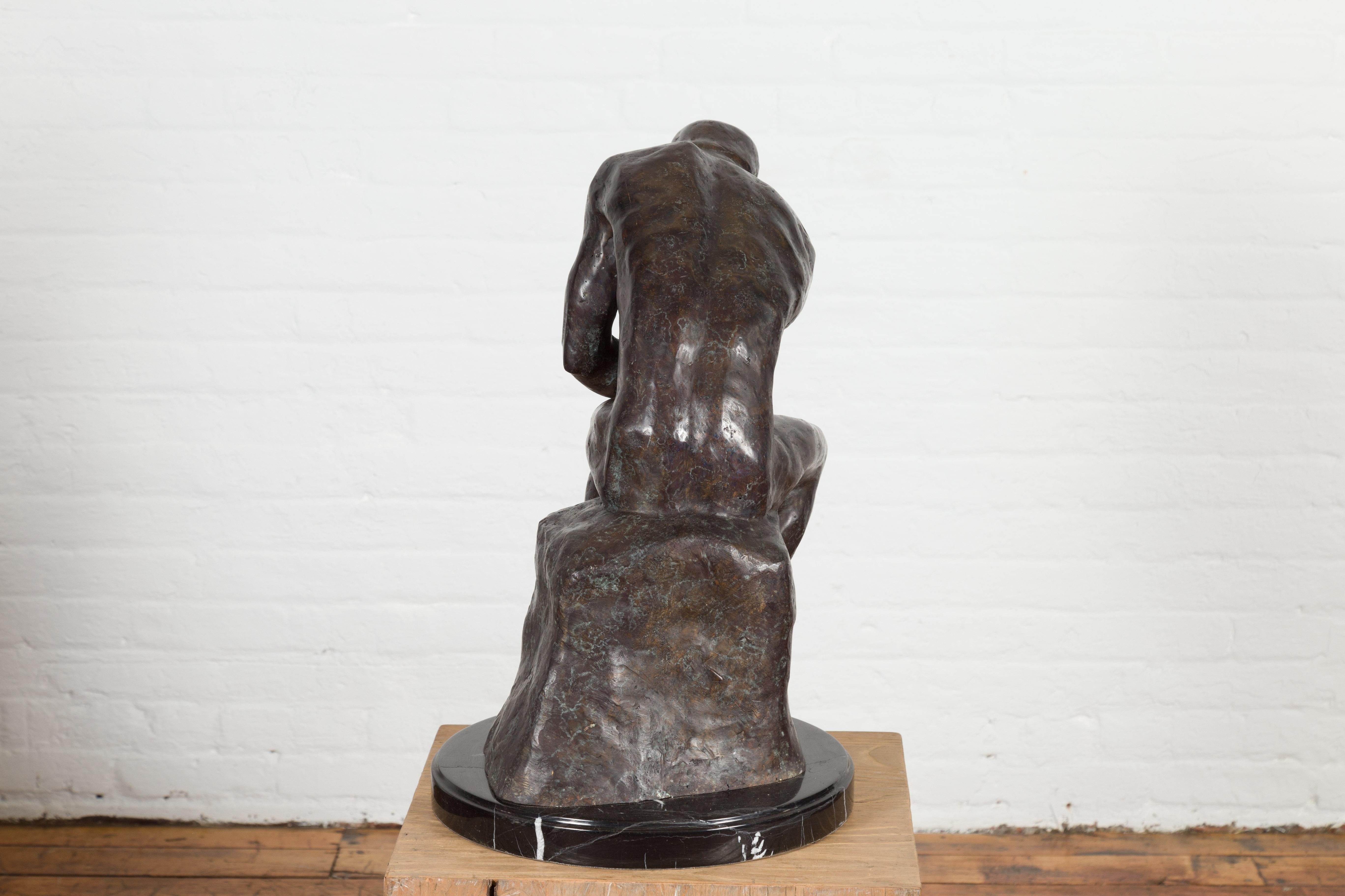 Lost Wax Cast Bronze Sculpture on Base Inspired by Auguste Rodin's The thinker For Sale 12