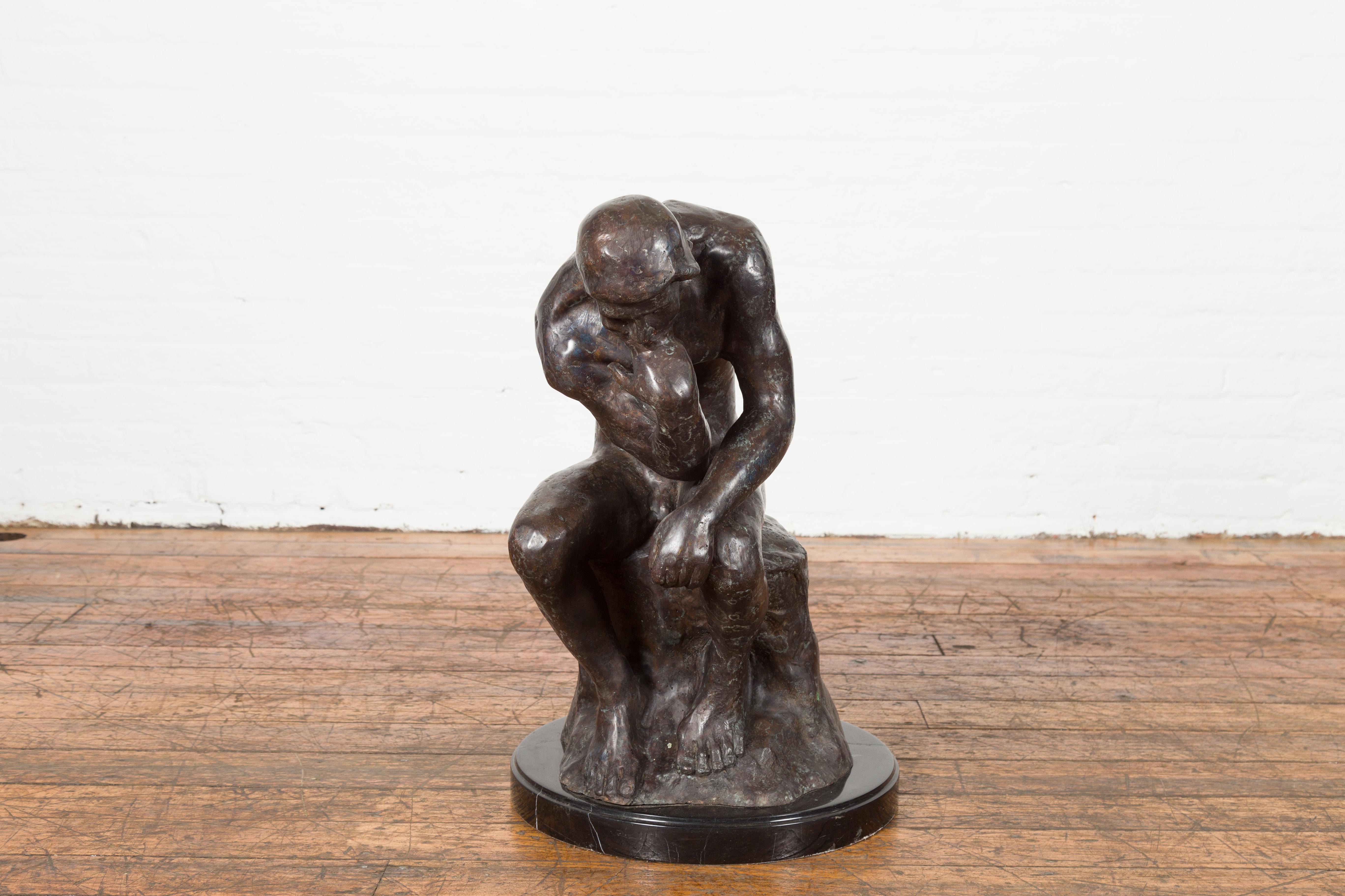 Lost Wax Cast Bronze Sculpture on Base Inspired by Auguste Rodin's The thinker In Good Condition For Sale In Yonkers, NY
