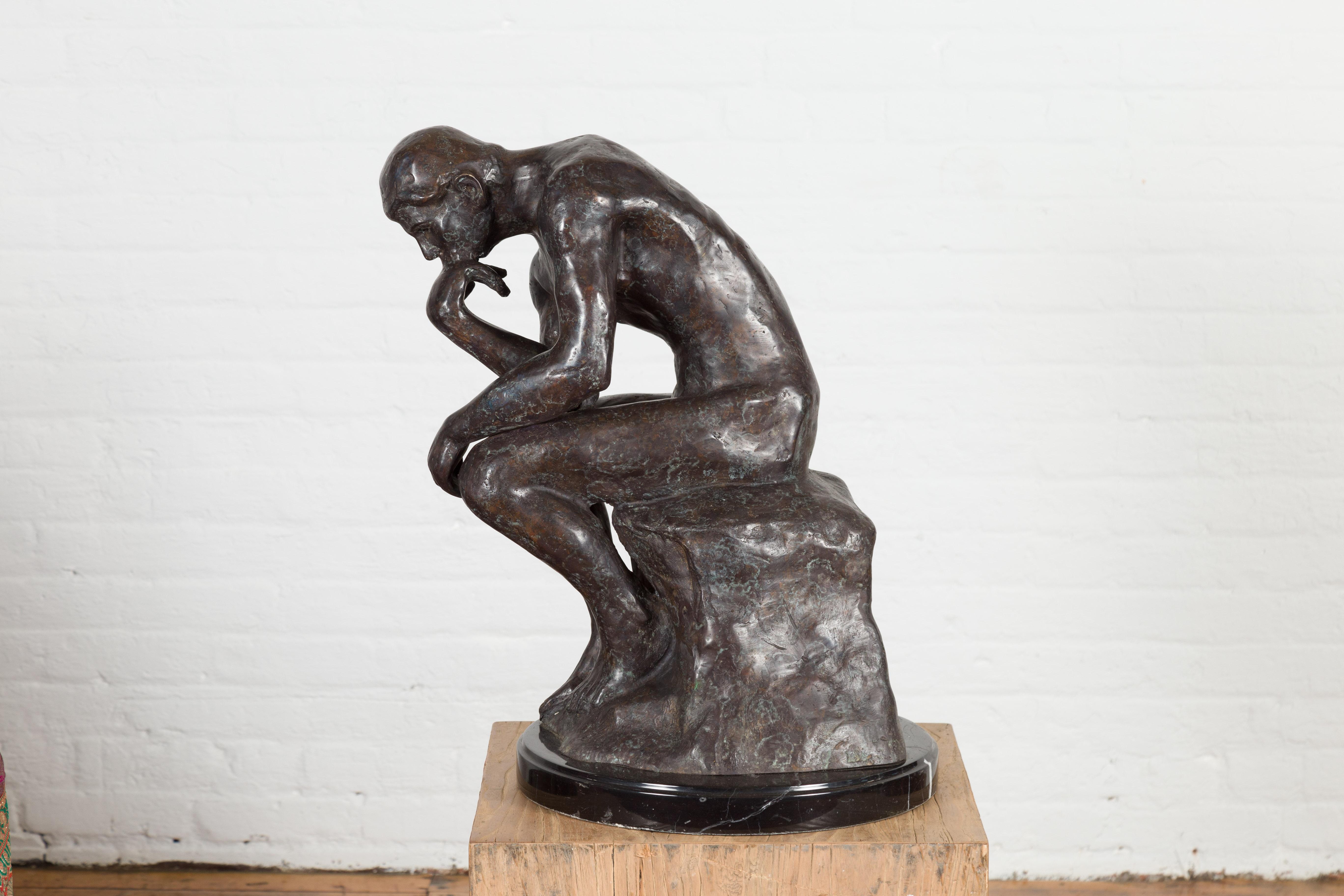 Contemporary Lost Wax Cast Bronze Sculpture on Base Inspired by Auguste Rodin's The thinker For Sale