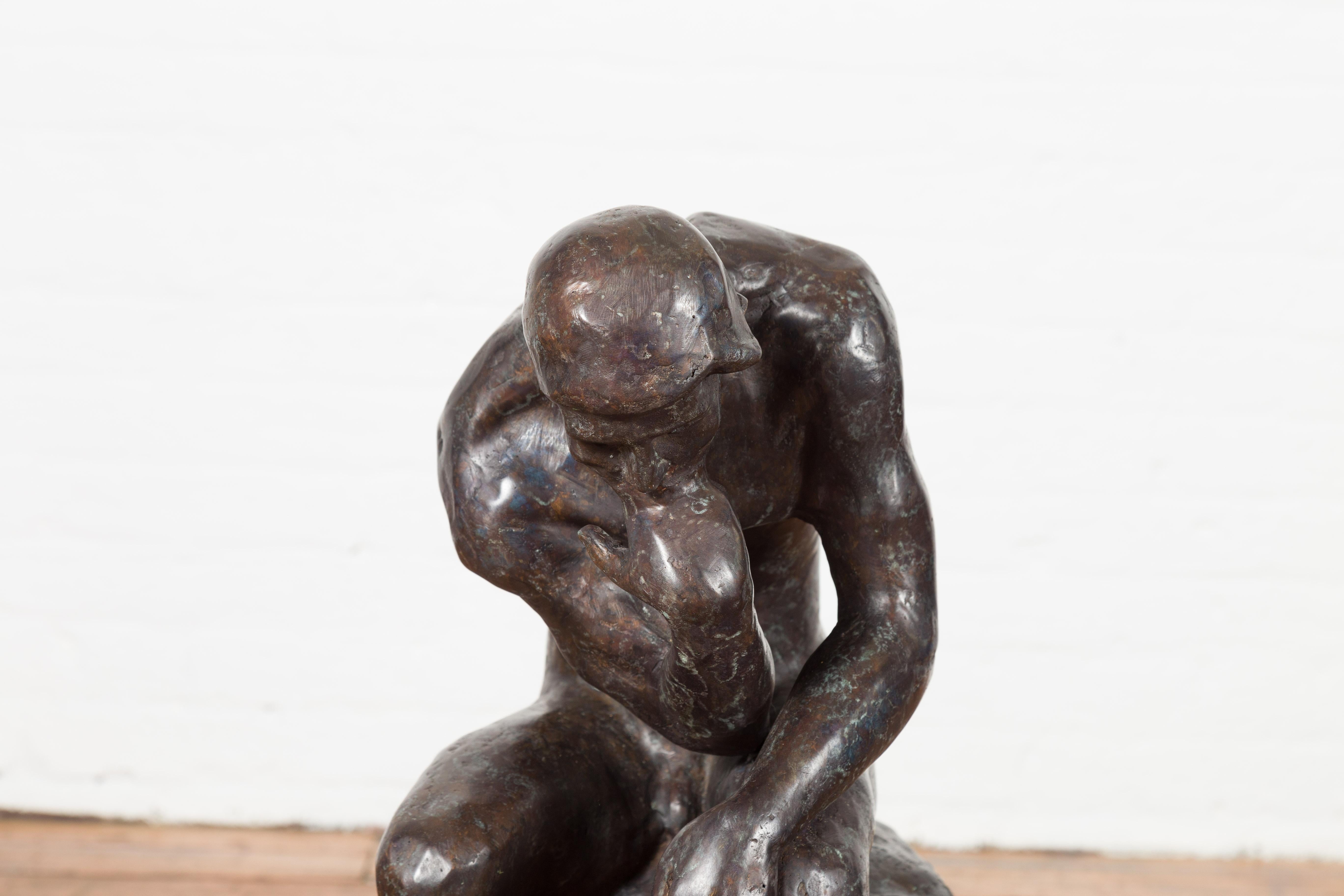 Lost Wax Cast Bronze Sculpture on Base Inspired by Auguste Rodin's The thinker For Sale 1