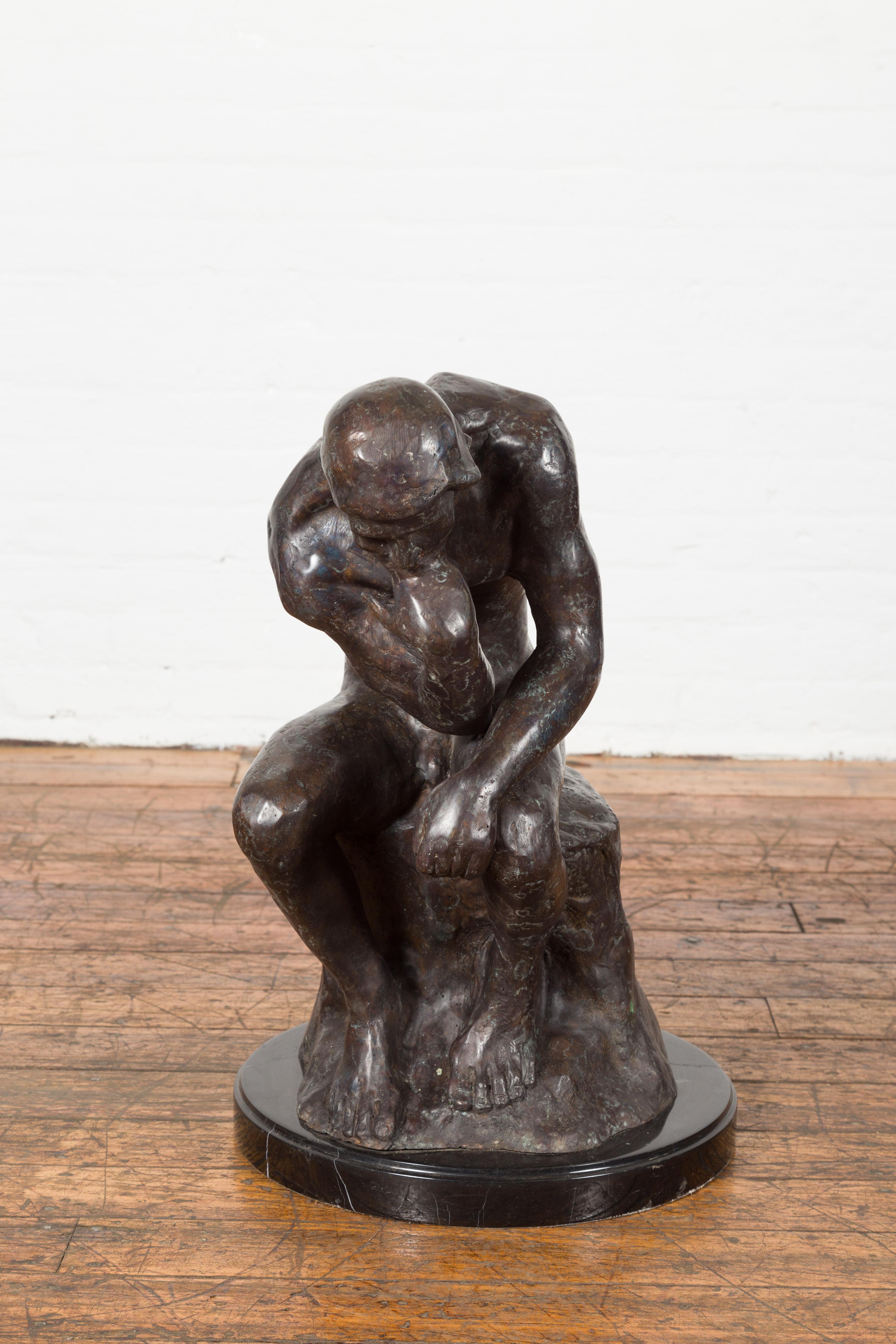 Lost Wax Cast Bronze Sculpture on Base Inspired by Auguste Rodin's The thinker For Sale 3
