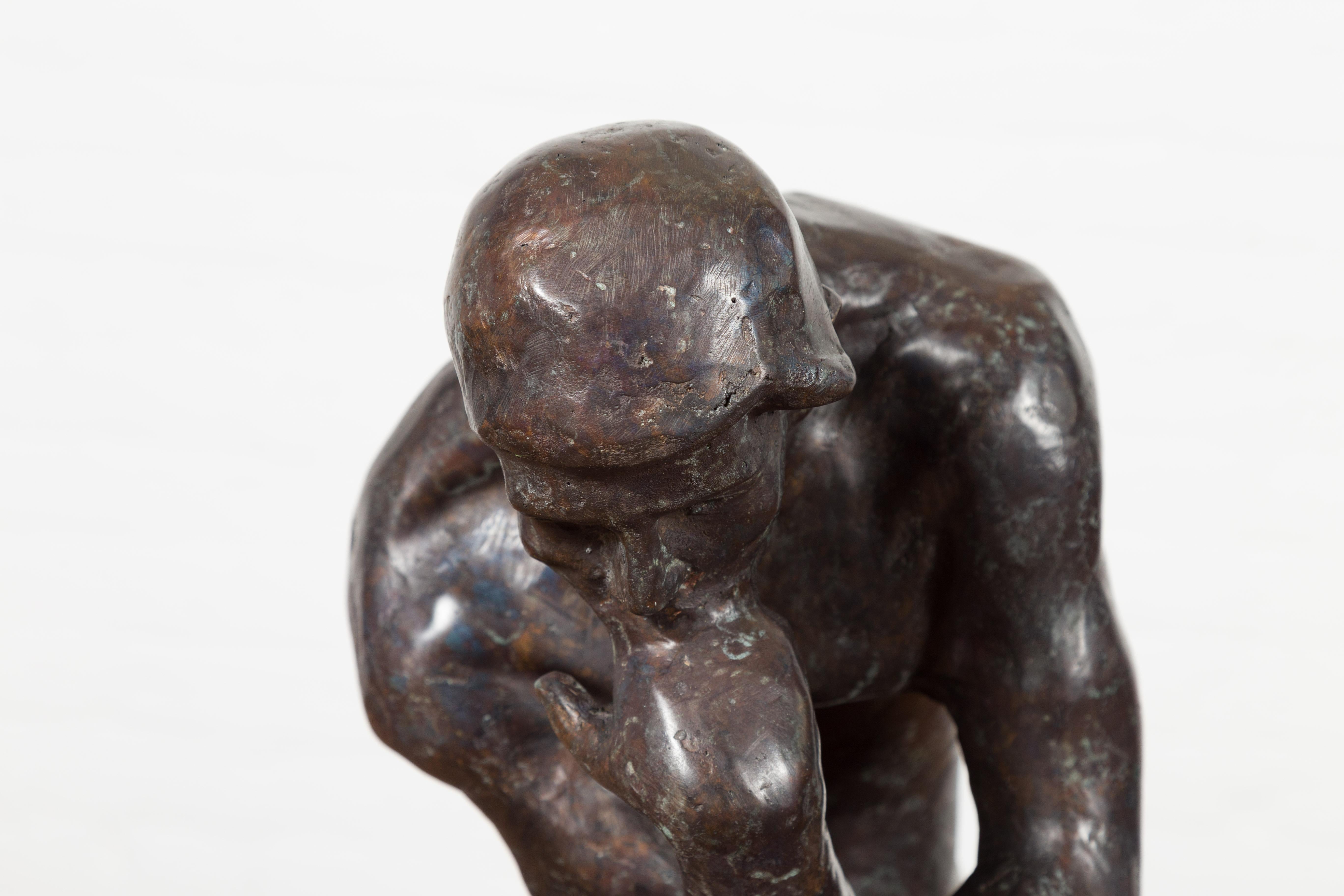 Lost Wax Cast Bronze Sculpture on Base Inspired by Auguste Rodin's The thinker For Sale 4