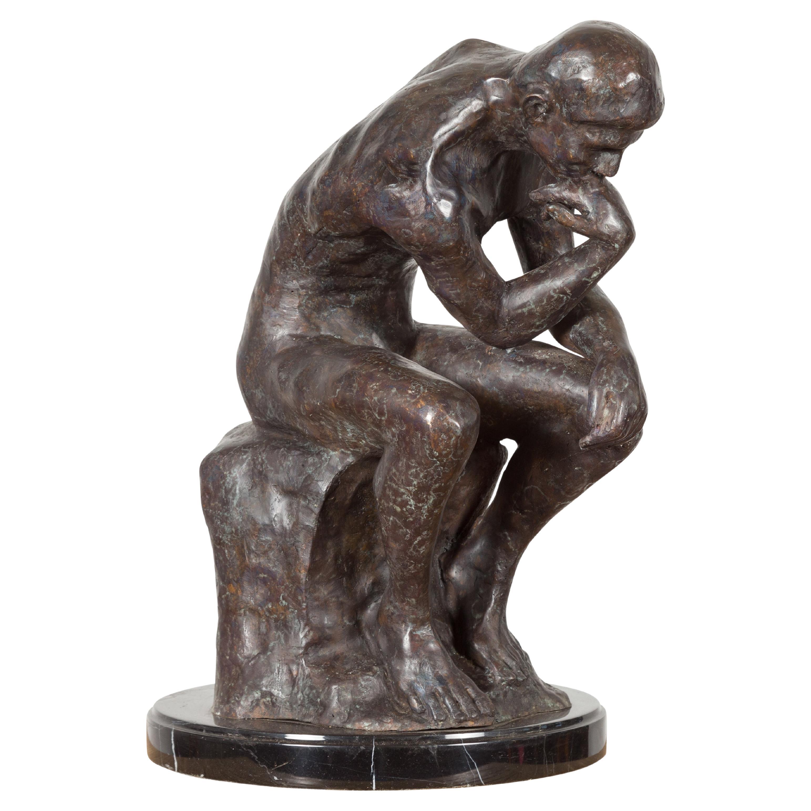 Lost Wax Cast Bronze Sculpture on Base Inspired by Auguste Rodin's The thinker For Sale